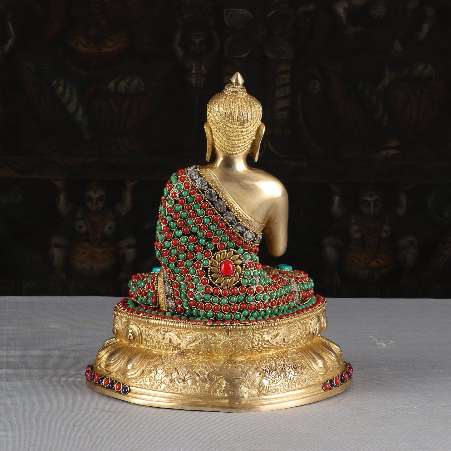 Brass Buddha Idol Sitting On Base Stone Work Showpiece For Home Decor 1 Feet