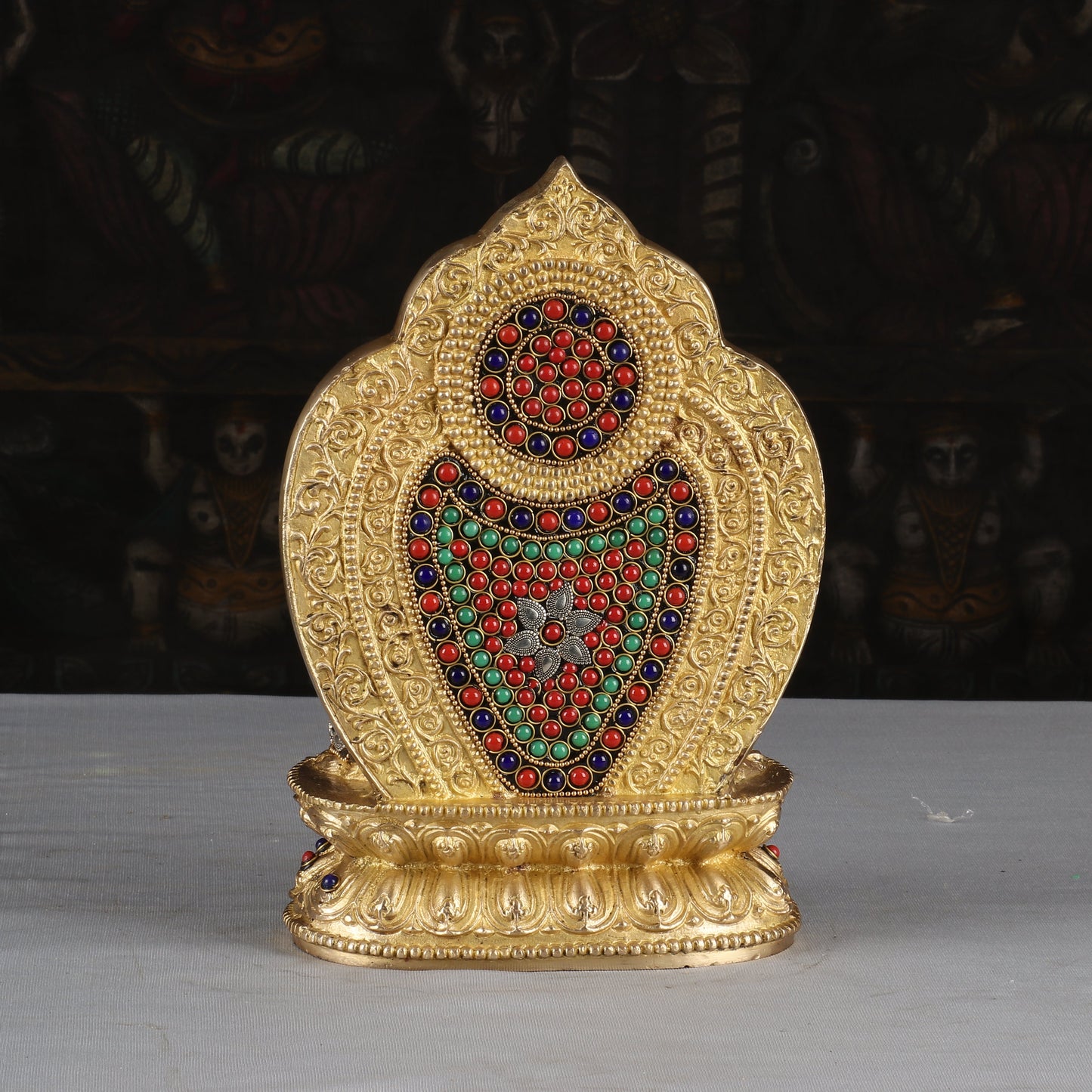 Brass Buddha Statue With Frame Stone Work For Home Decor Showpiece 10 Inch