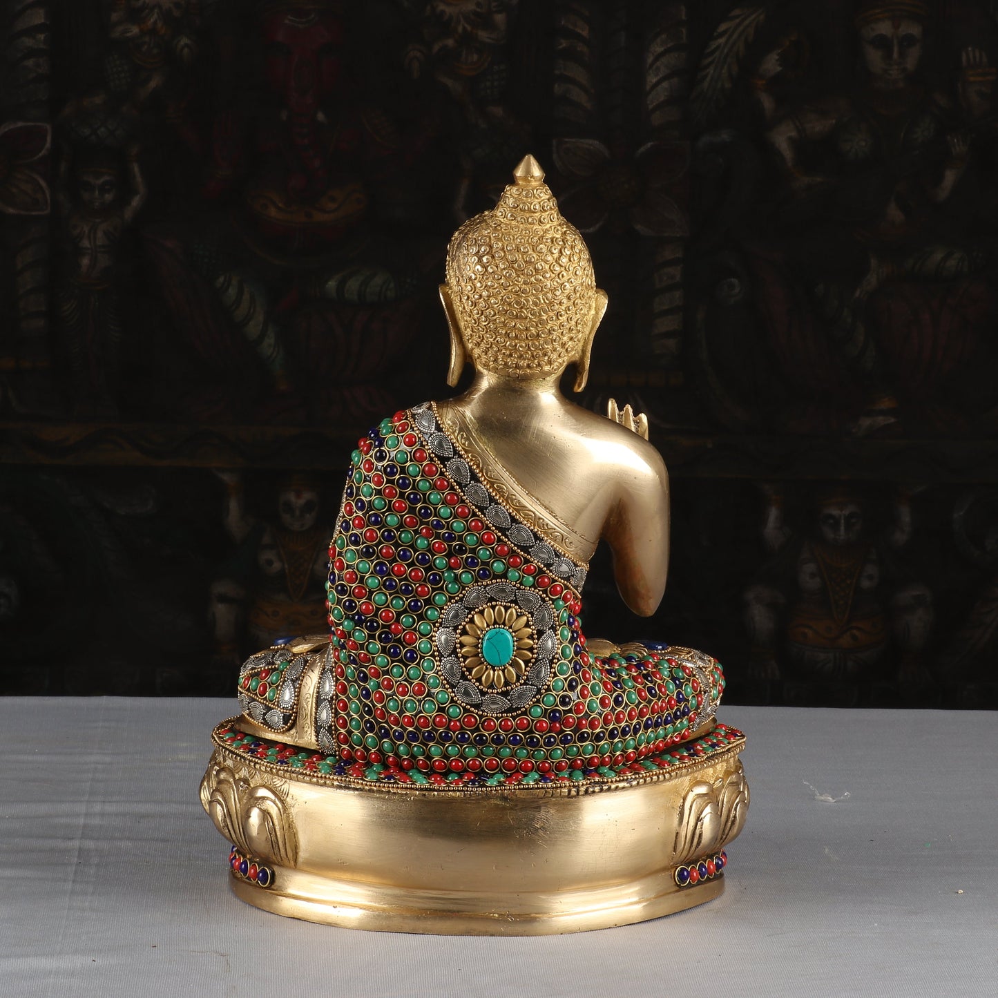 Brass Antique Buddha Idol with Stone Work 13"