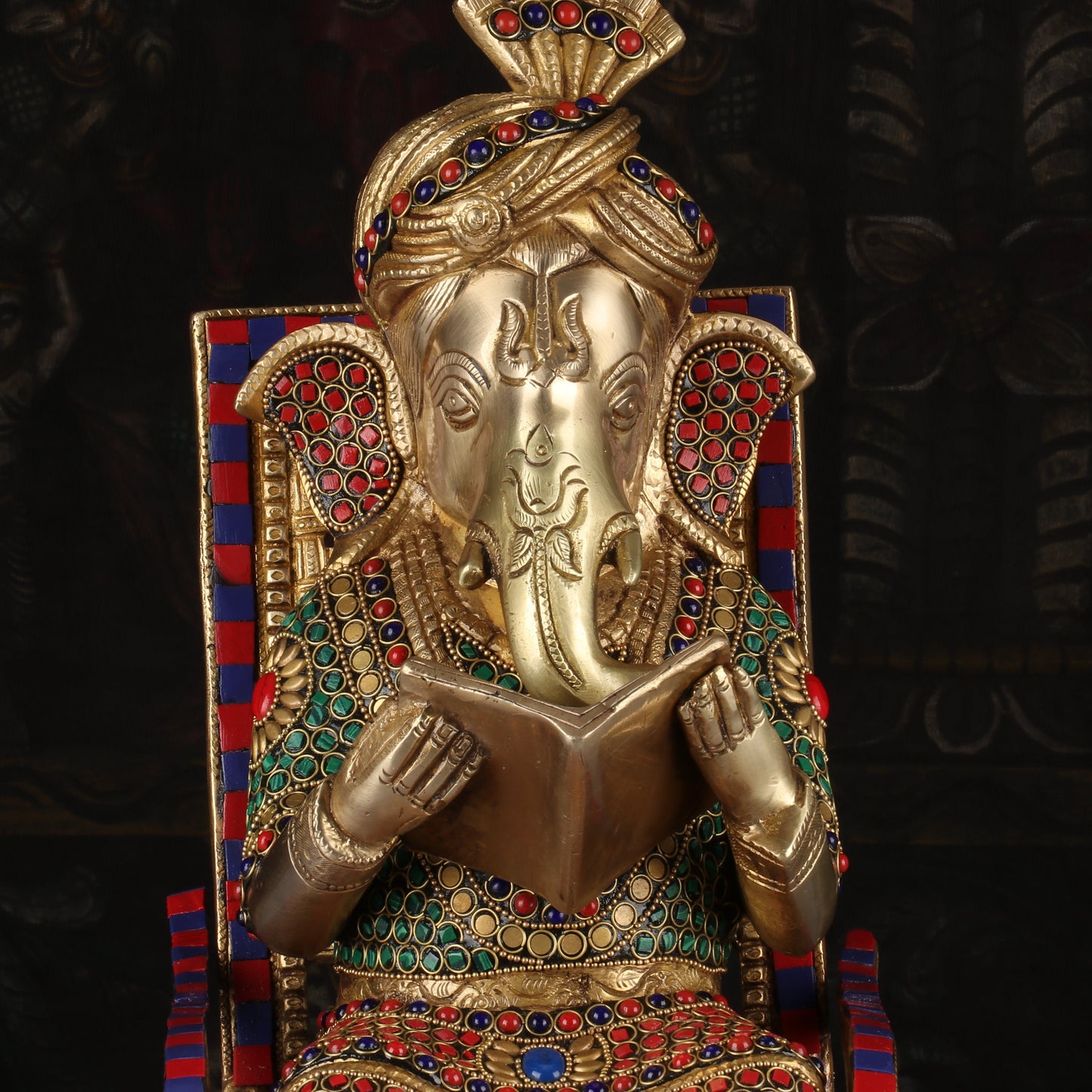 Brass Big Ganesha Idol On Chair Reading Book Stone Work Home Decor 1.5 Feet