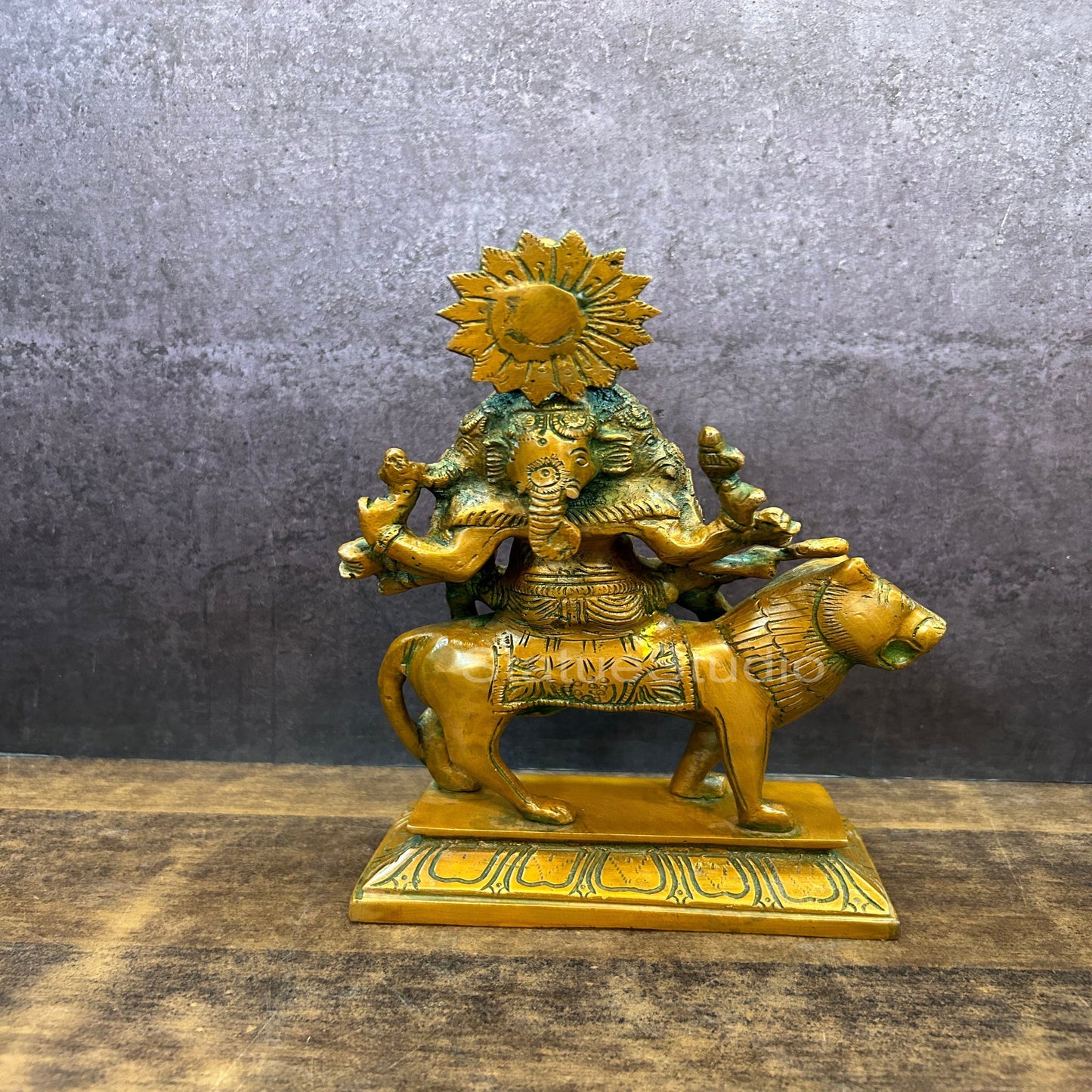 Brass Heramba Ganesha Statue Seated on Lion Copper Patina Finish 9"
