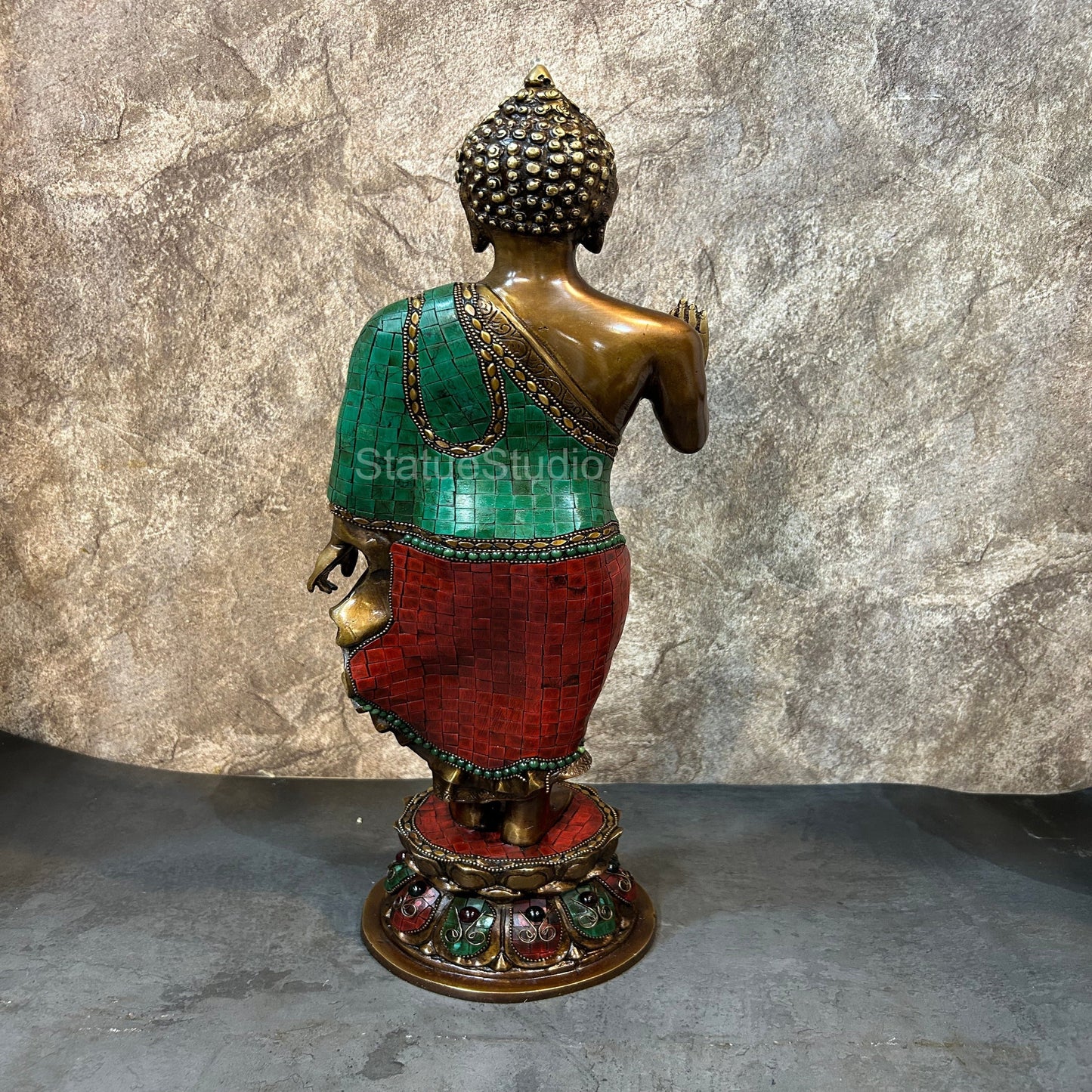 Brass Large Standing Buddha Statue Antique Stone Work For Home Decor 2 Feet