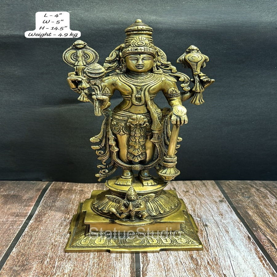Brass Standing Vishnu Idol Antique Finish For Home Temple Decor 14.5"