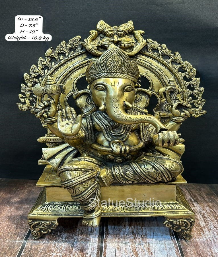 Brass Sitting Ganesha Statue With Temple Arch Antique Finish For Home Decor 19"