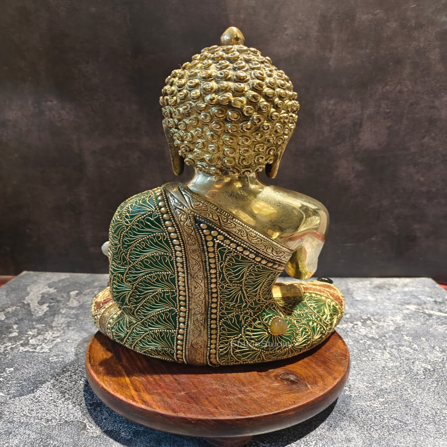 Brass Blessing Buddha Statue With Stone Work 1 Feet
