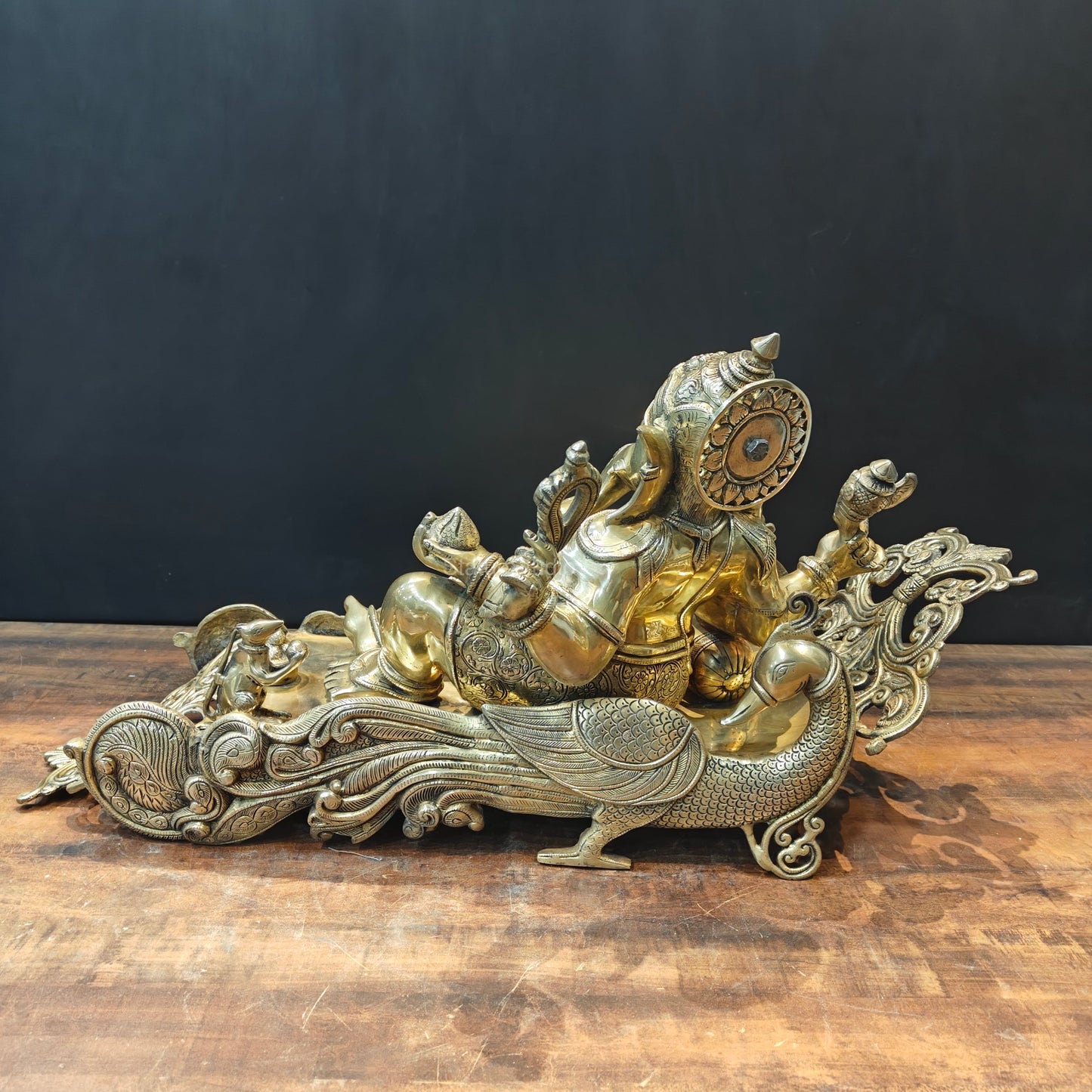 Brass Large Ganesha Idol Sitting on Peacock Throne 32 Inches