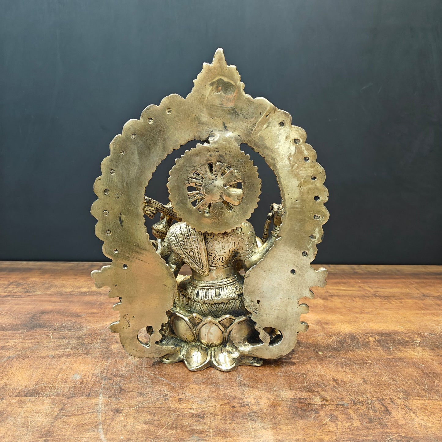 Brass Goddess Saraswati Idol Seated On Lotus 14 Inch