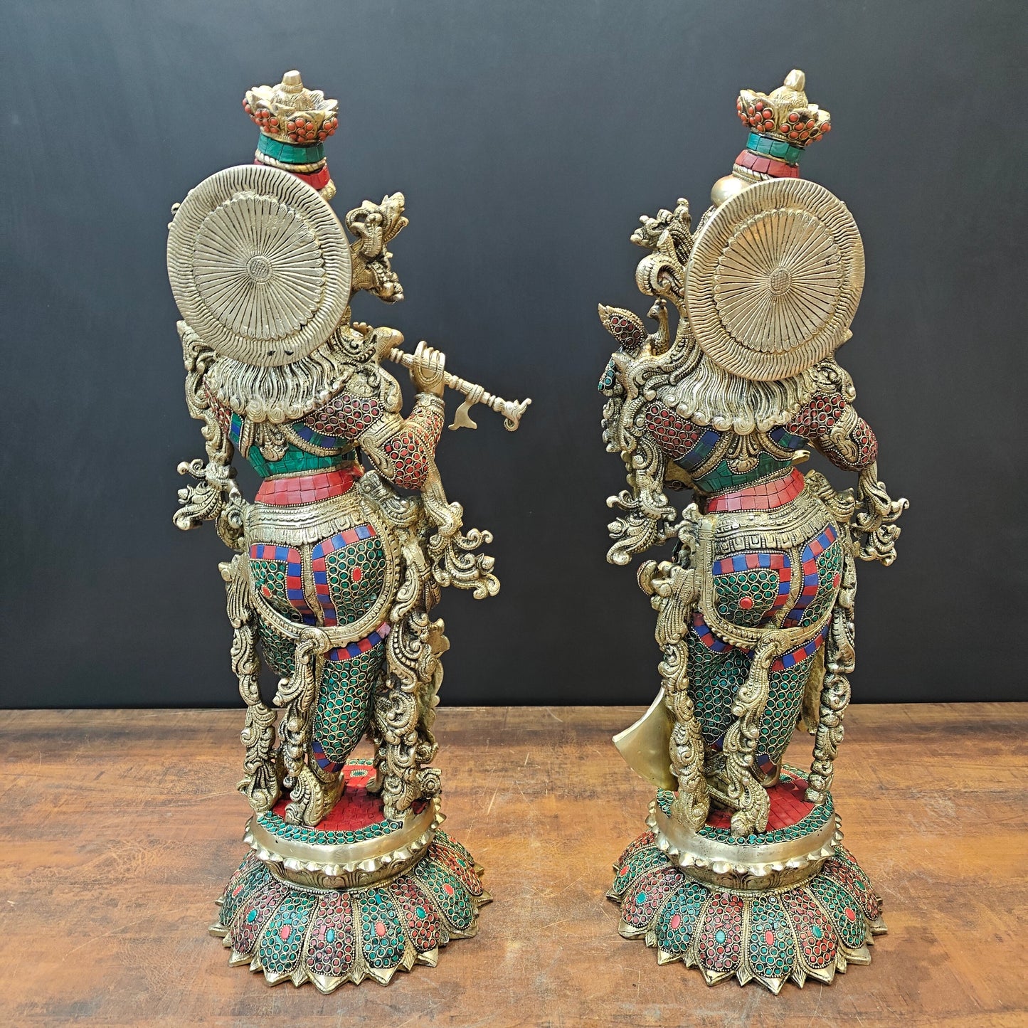 Brass Radha Krishna Idols with Lotus Base Stone Work 27 Inches