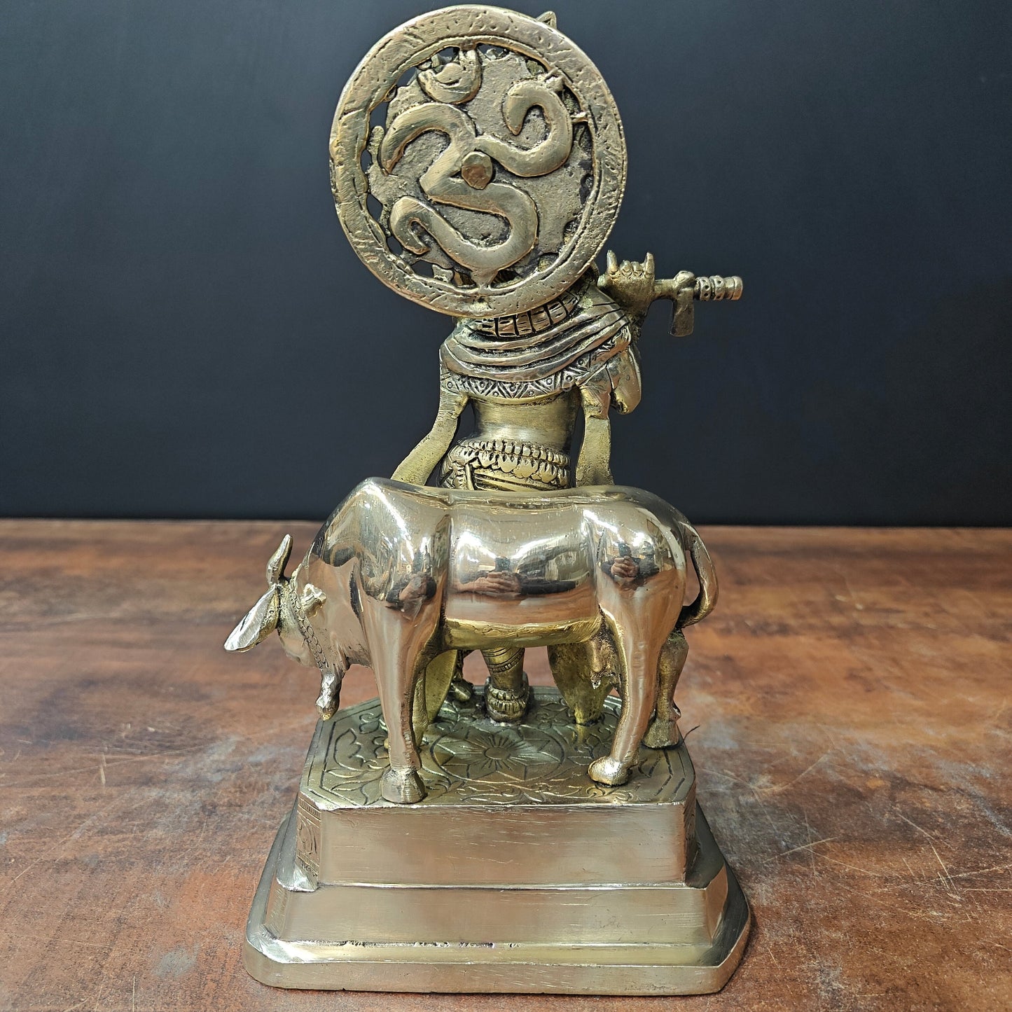 Brass Krishna With Cow Statue 10 Inch