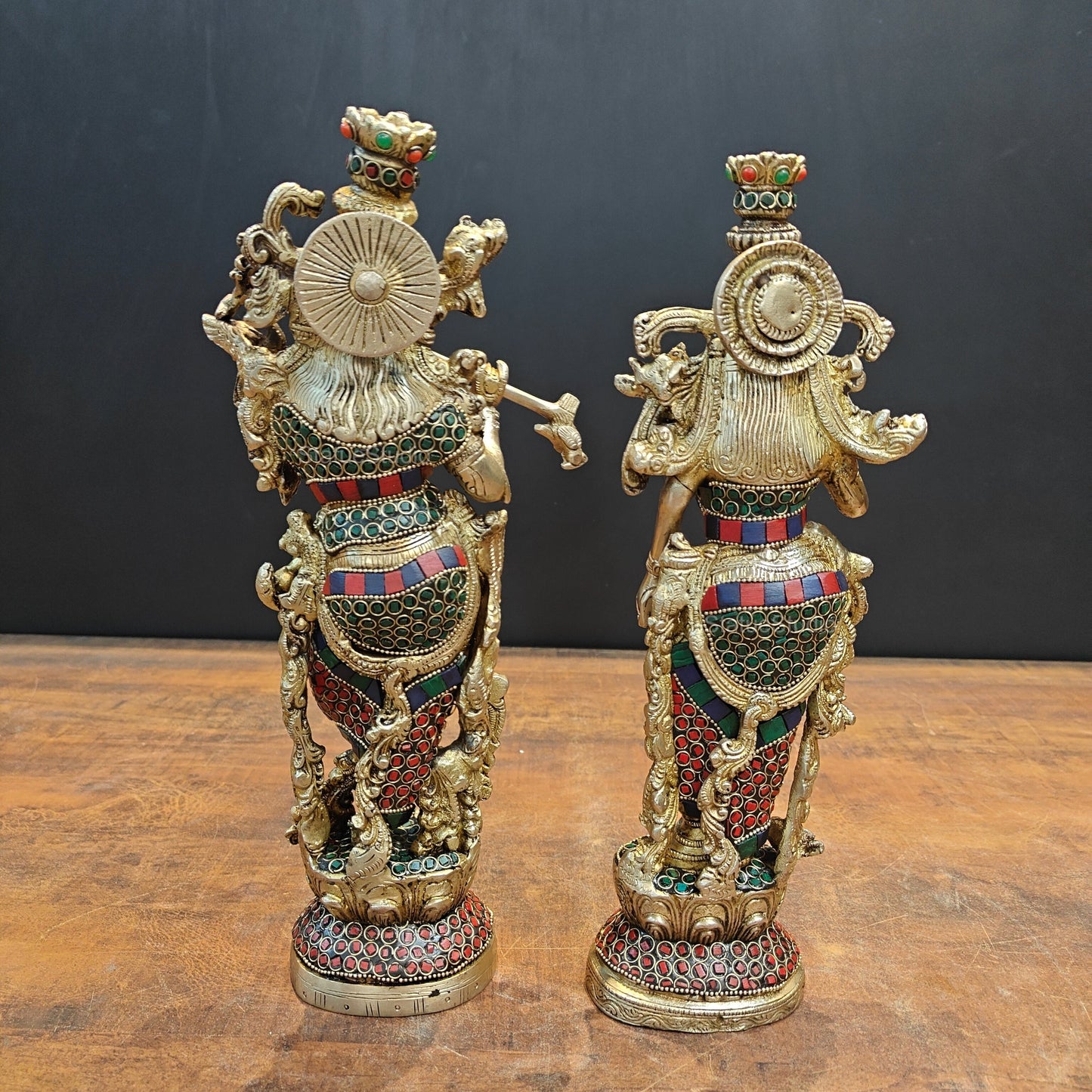 Brass Radha Krishna Statue Stone Work 14 Inches
