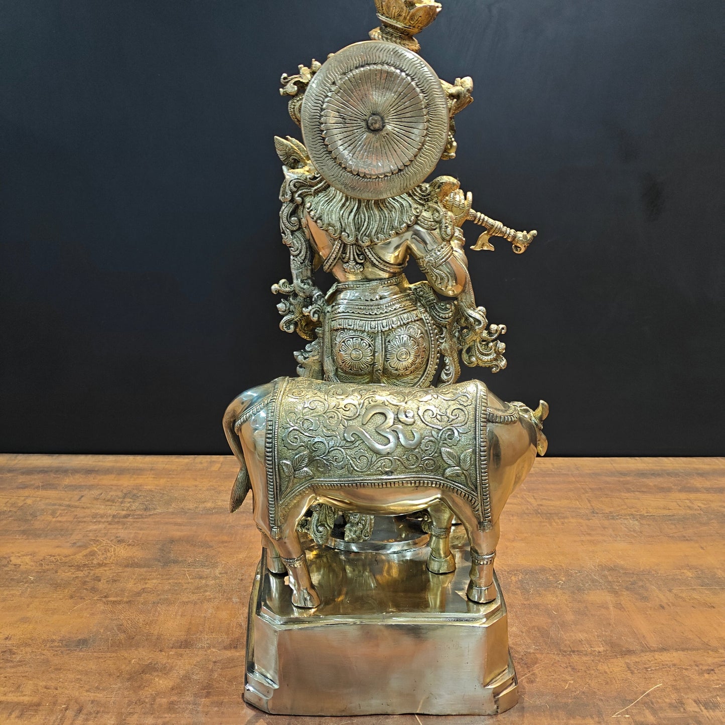Brass Large Krishna Idol With Cow On Pedestal 28 Inches