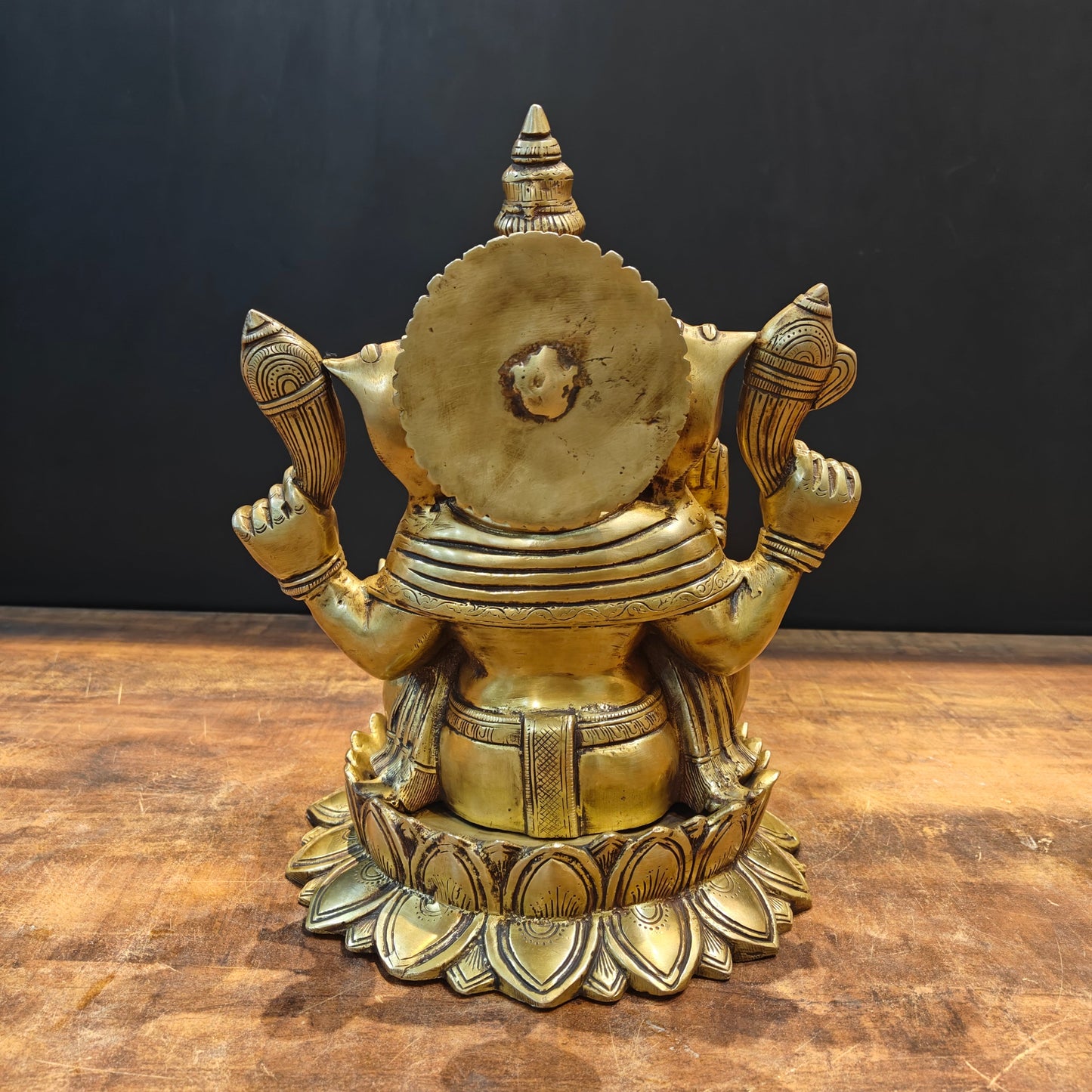 Brass Ganpati Idol Sitting On Lotus Base Antique Finish 14 Inches