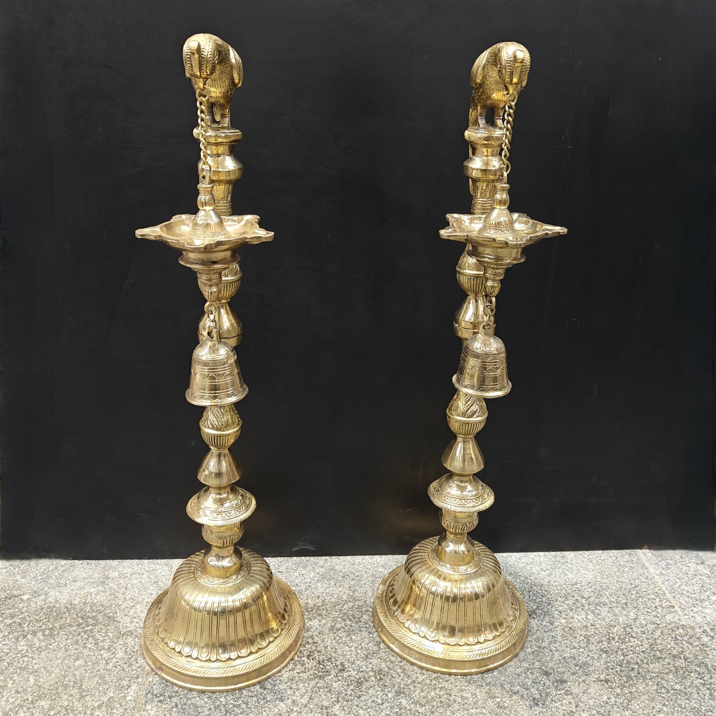 Brass Large Parrot Lamp Diya Pair With Bell 3 Feet