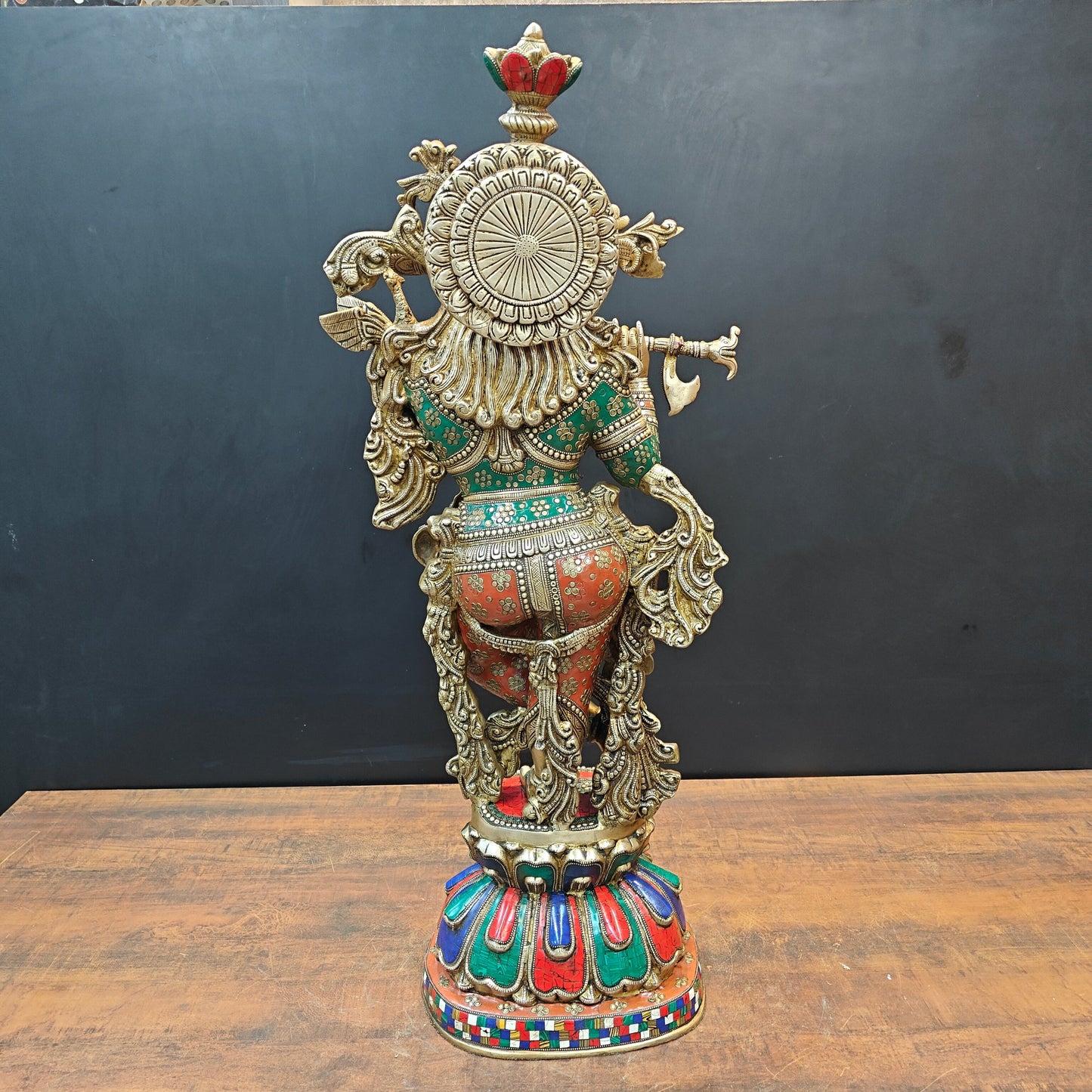 Brass Large Krishna Statue With Stone Work 3 Feet