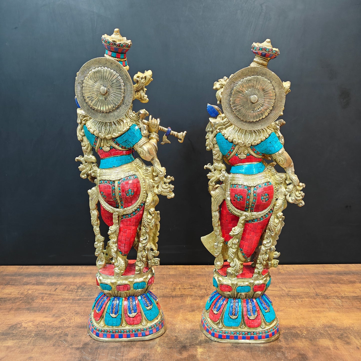 Brass Radha Krishna Idols with Stone Work 29 Inches