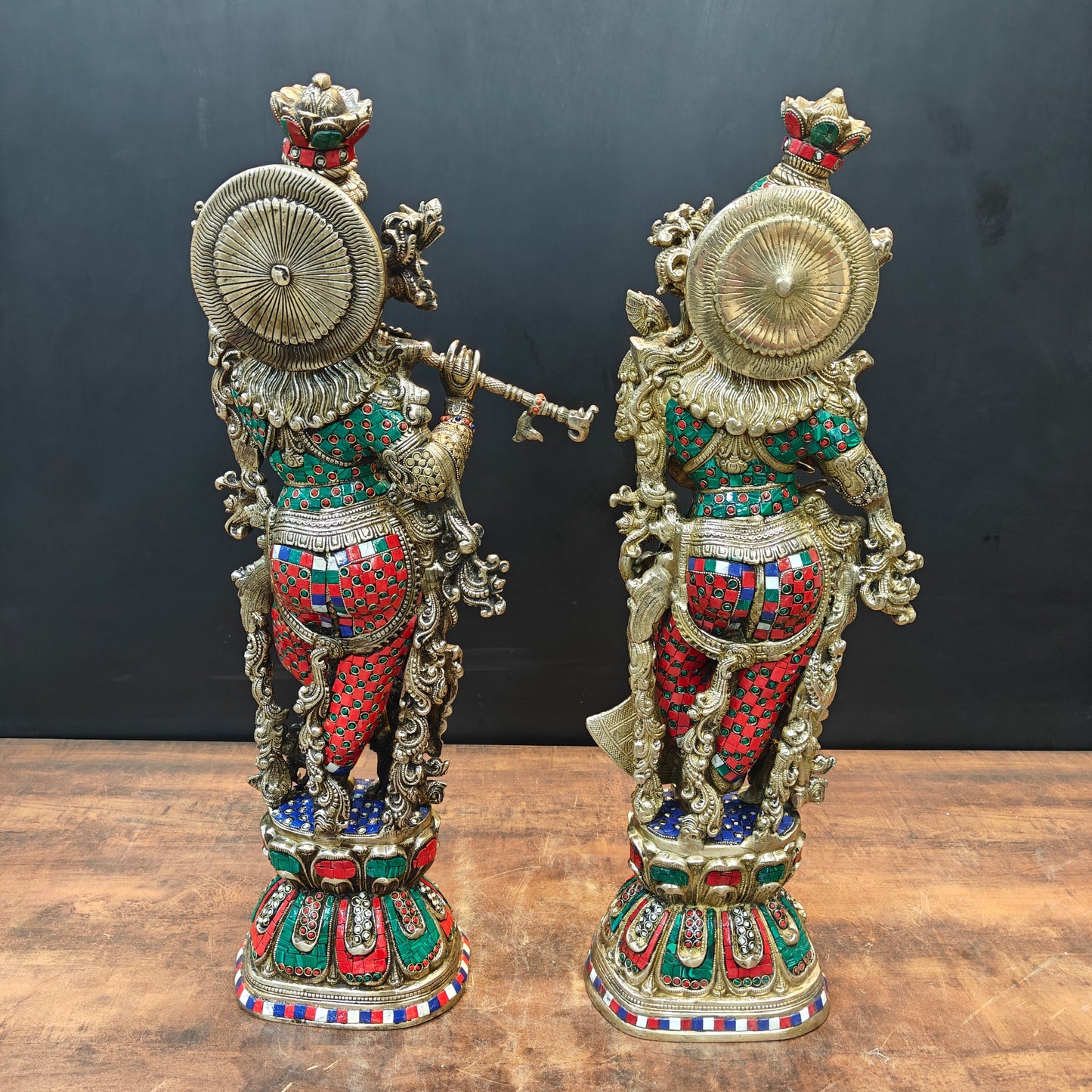 Brass Radha Krishna Idols With Meenakari Stone Work 29 Inches Tall