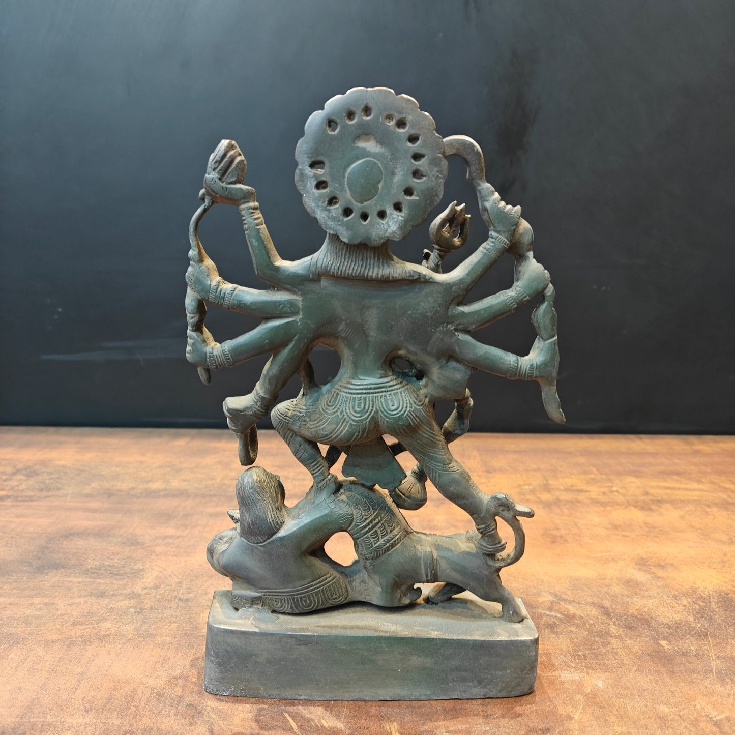 Brass Kali Statue With Temple Arch Antique Patina Finish 11 Inch