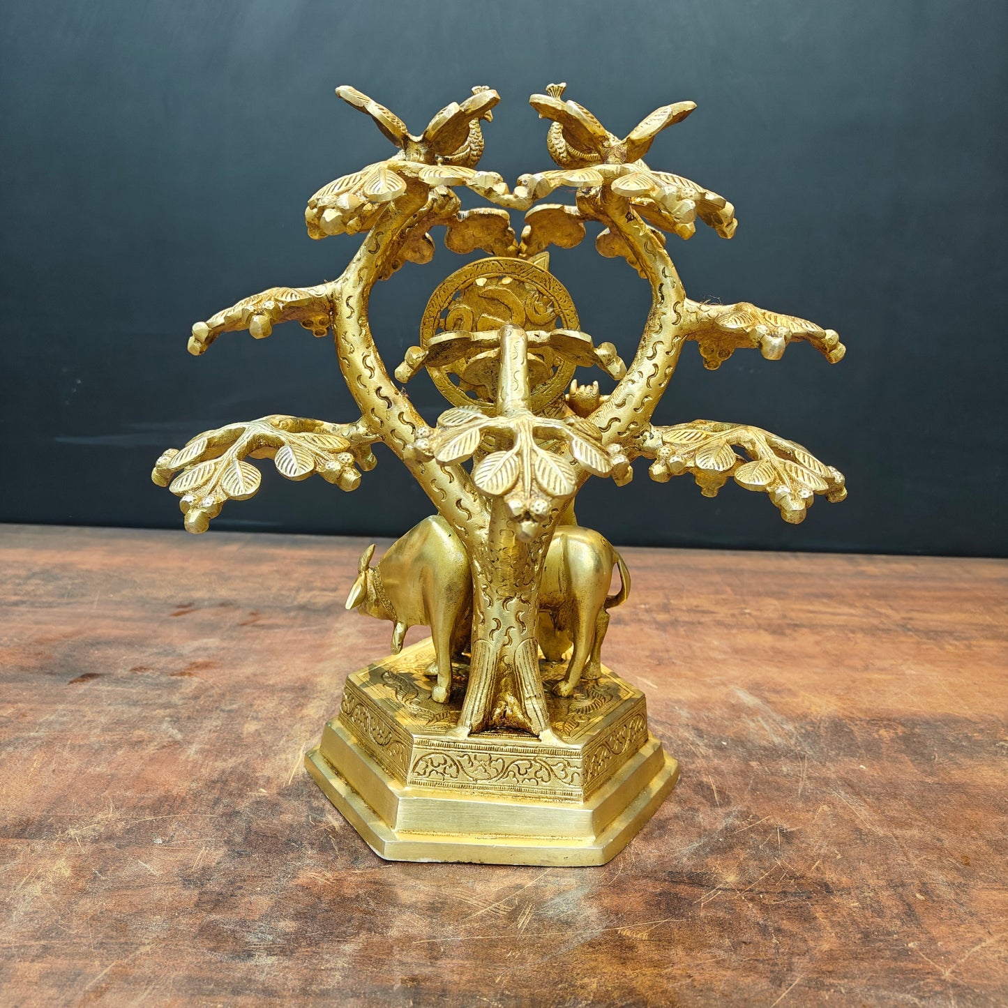 Brass Krishna Idol With Cow Under Kadamba Tree 14 Inch