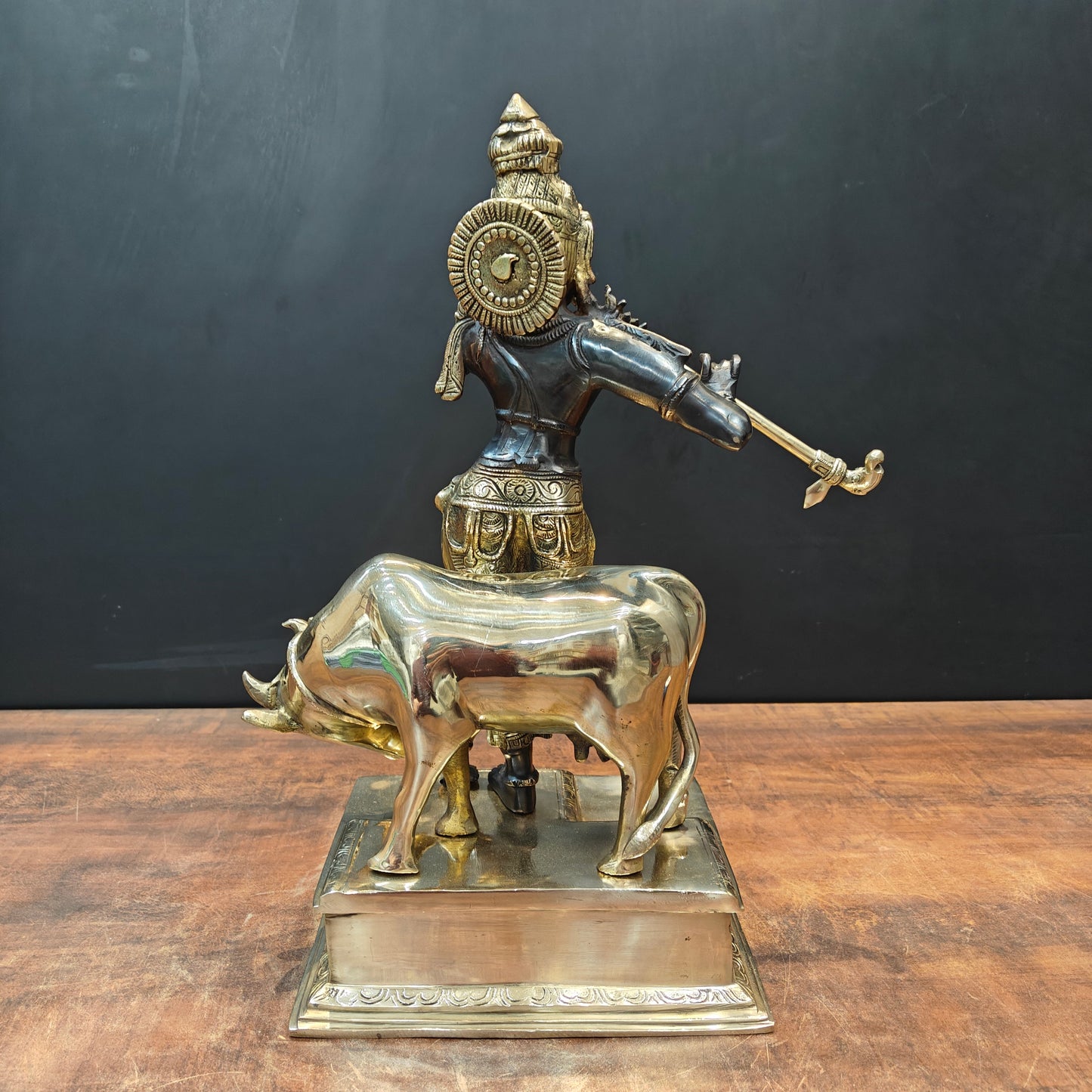 Brass Krishna Statue With Cow Black Gold Finish 1.5 Feet