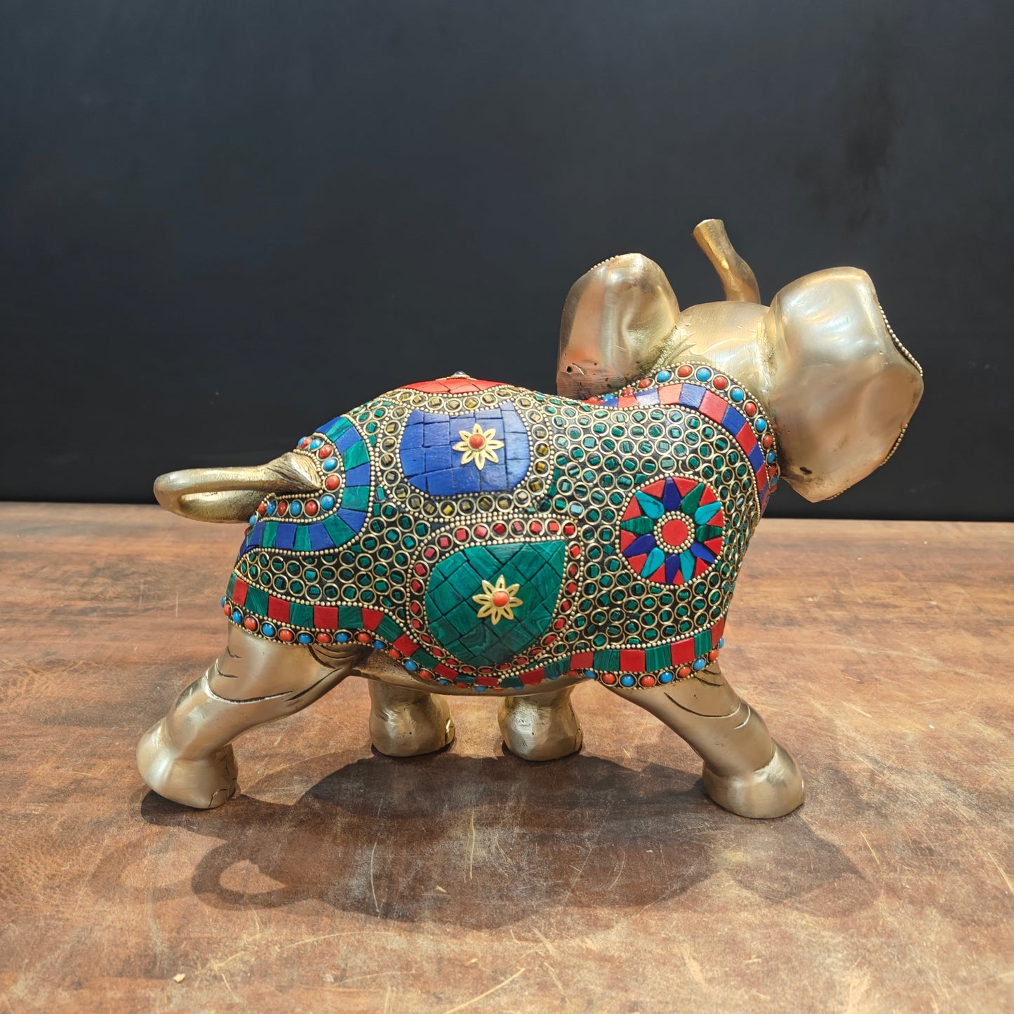 Brass Elephant Statue Stone Work With Upraised Trunk 11 Inch