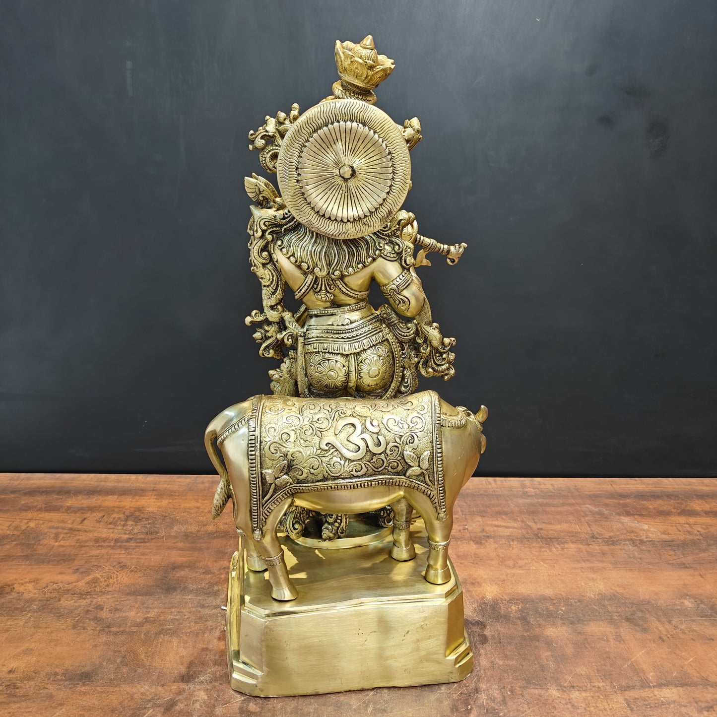 Brass Large Krishna Statue With Cow On Pedestal 28 Inch