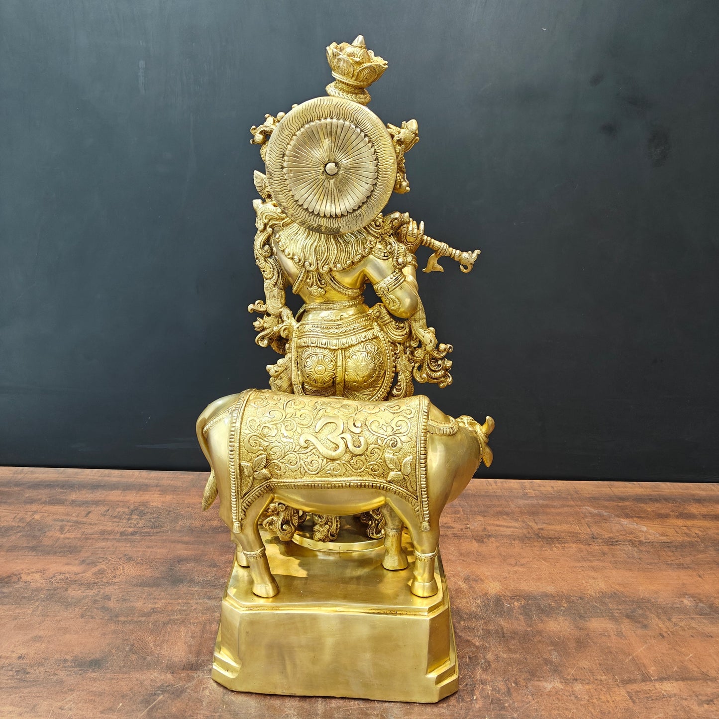 Brass Large Krishna Idol With Cow On Pedestal Gold Finish 28 Inch