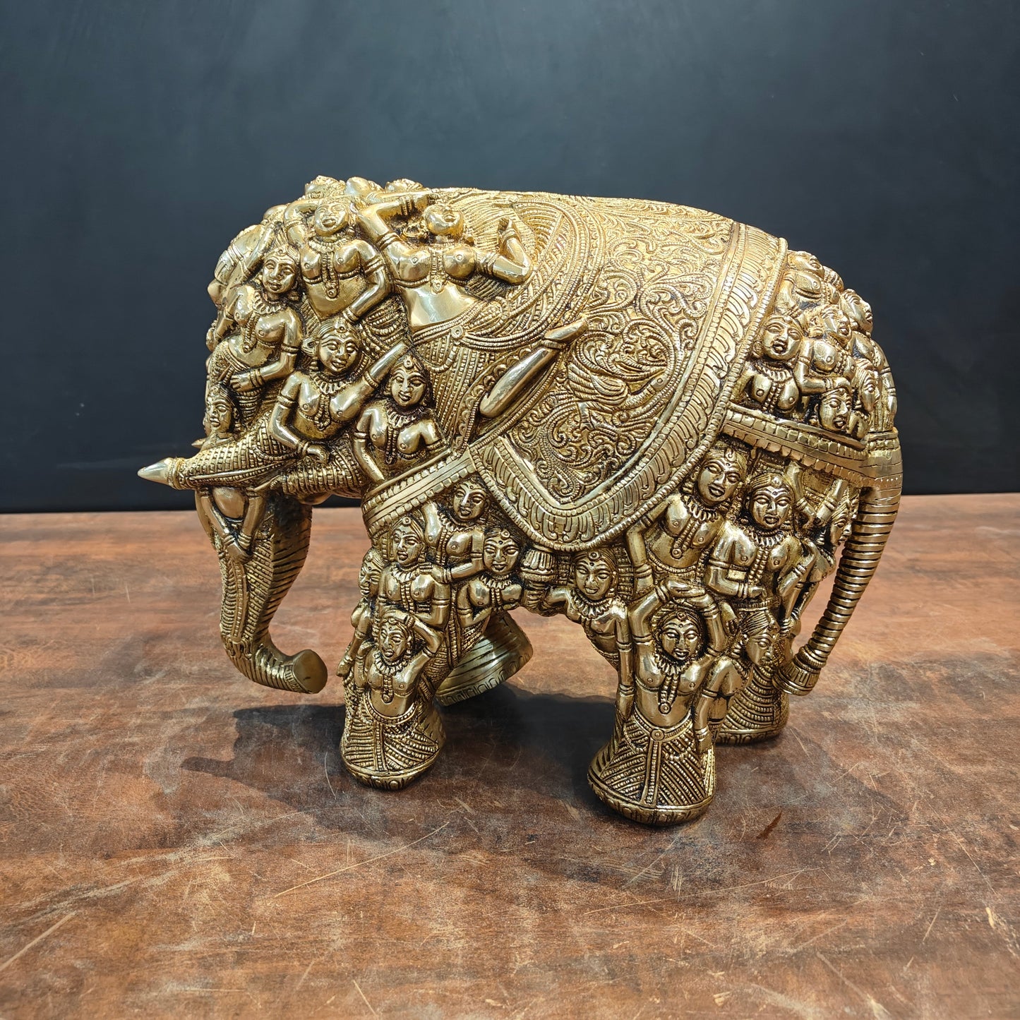 Brass Elephant Sculpture Carved With Ladies Decor Showpiece 12 Inch