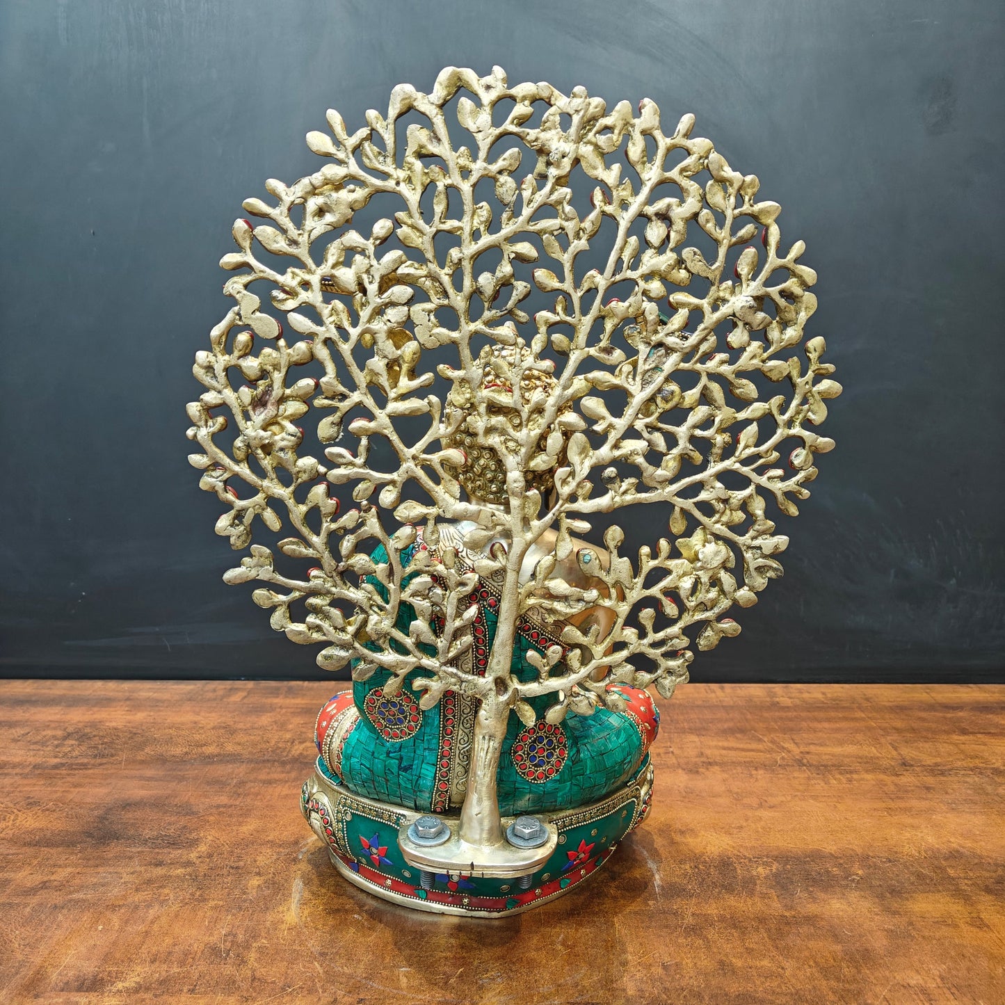 Brass Buddha Statue With Bodhi Tree Stone Work 22 Inch
