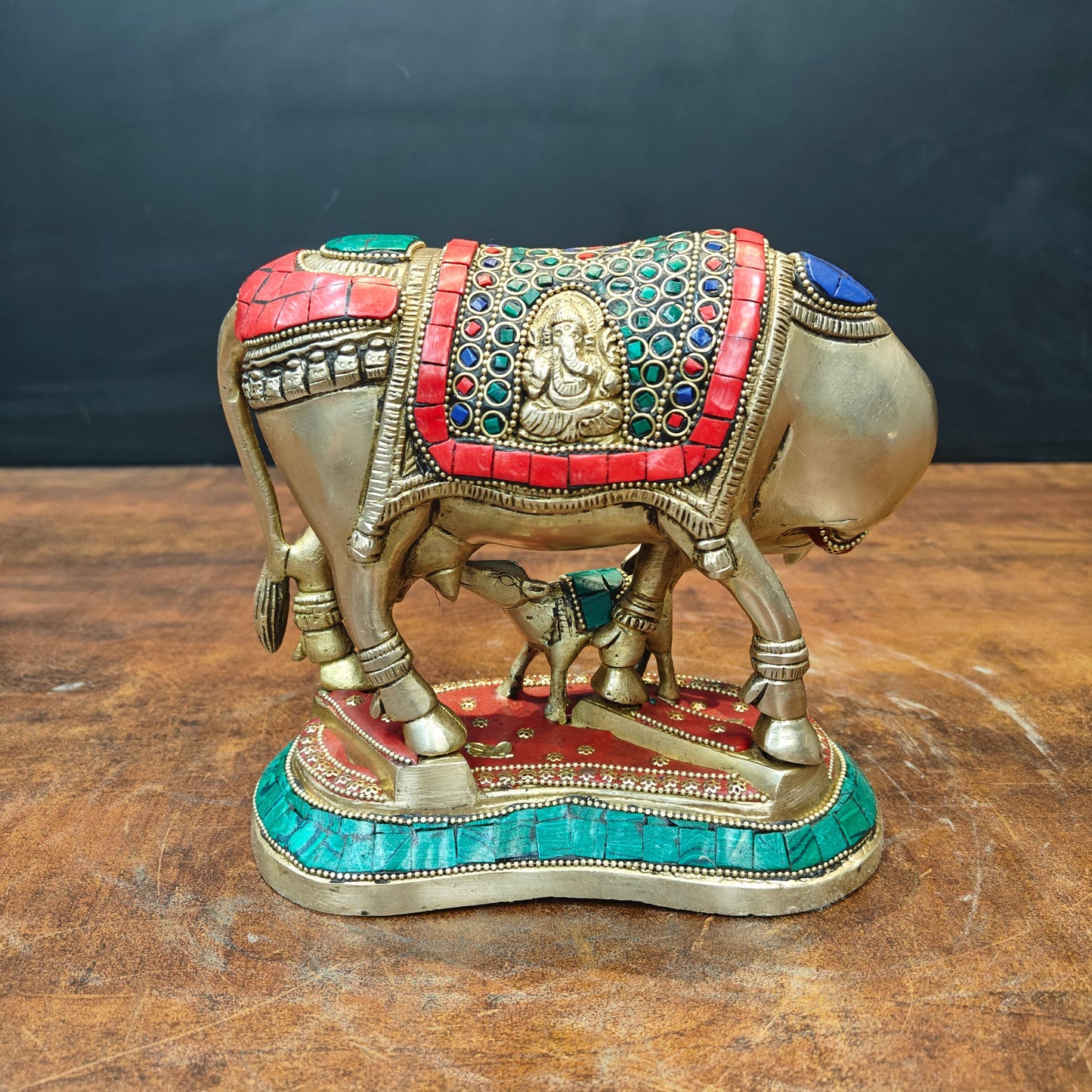 Brass Cow With Calf Statue Lakshmi Ganesh Engraved Stone Work 7 Inch
