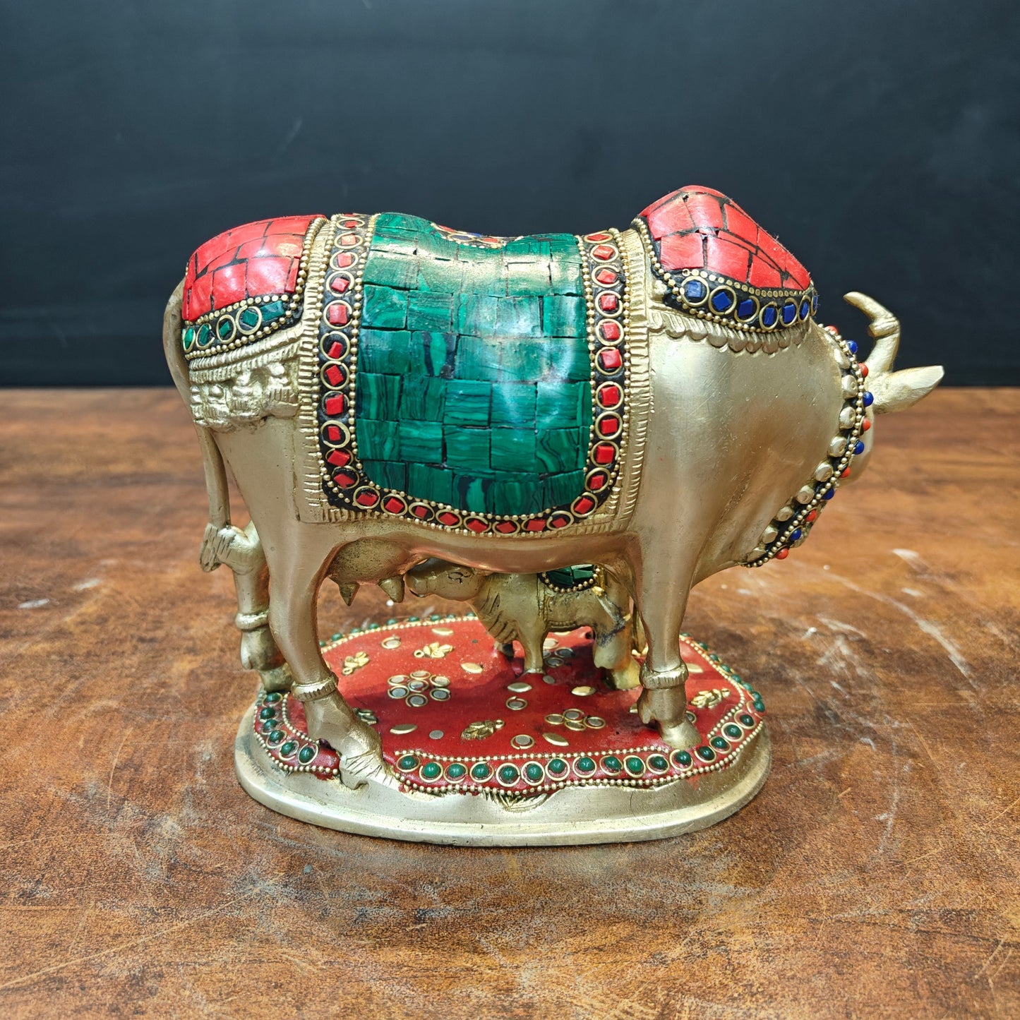 Brass Cow With Calf Idol Stone Work For Home Decor 7 Inch