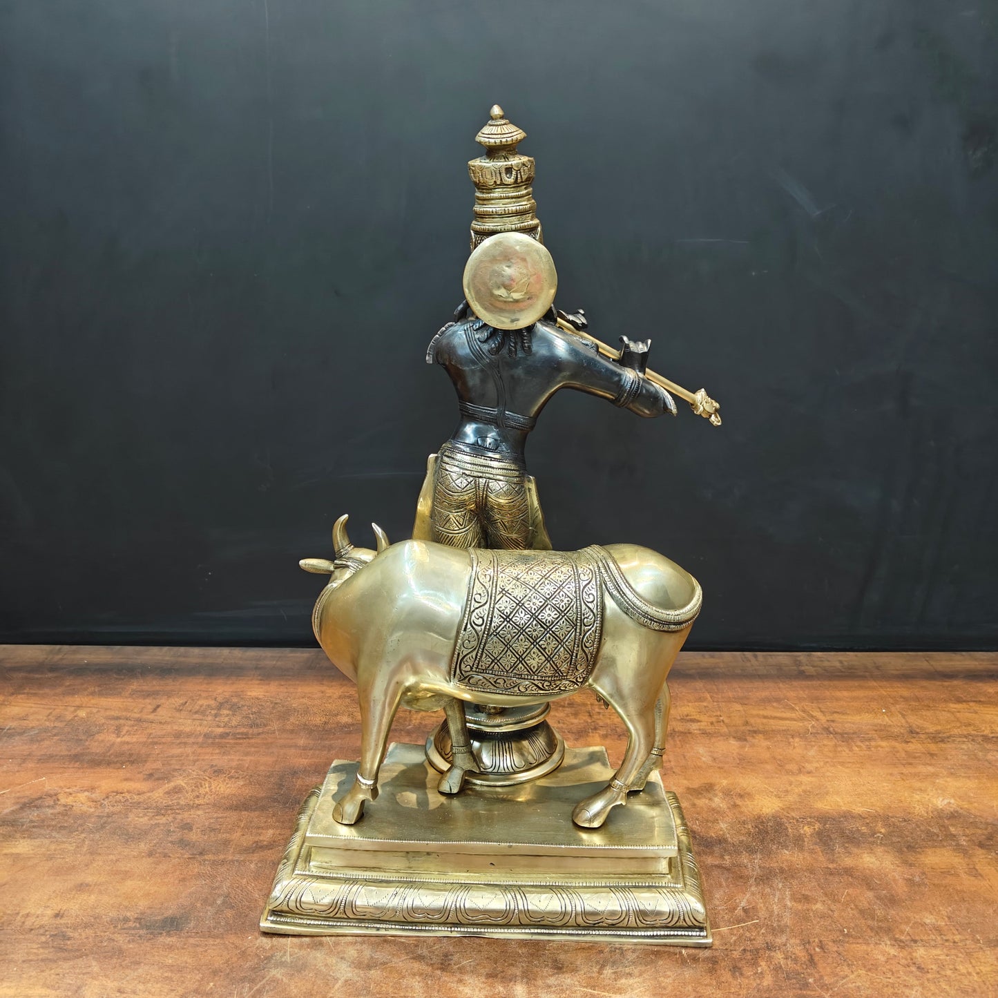 Brass Krishna Idol With Cow Black Gold Finish 26 Inch