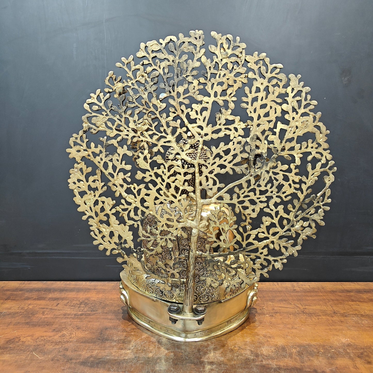 Brass Buddha Idol With Bodhi Tree Stone Work 32 Inches