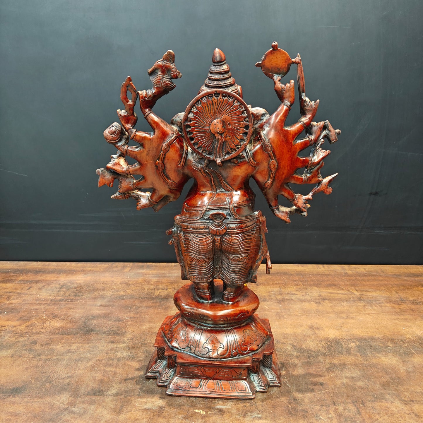 Brass Vintage Standing Ganesha Statue With Sixteen Arms Orange Patina Finish 20 Inch