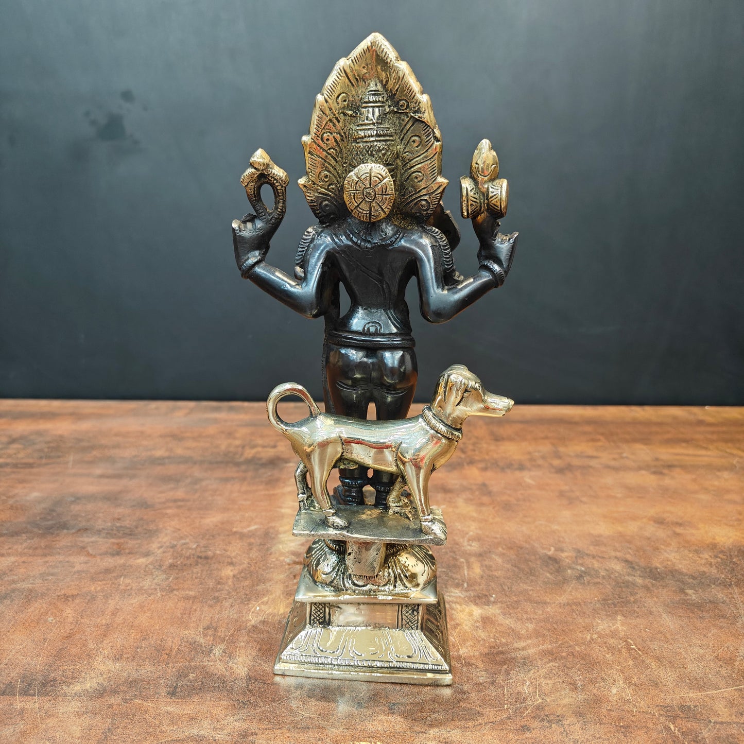 Brass Kaal Bhairava Statue With Dog Black Gold Finish 11 Inches