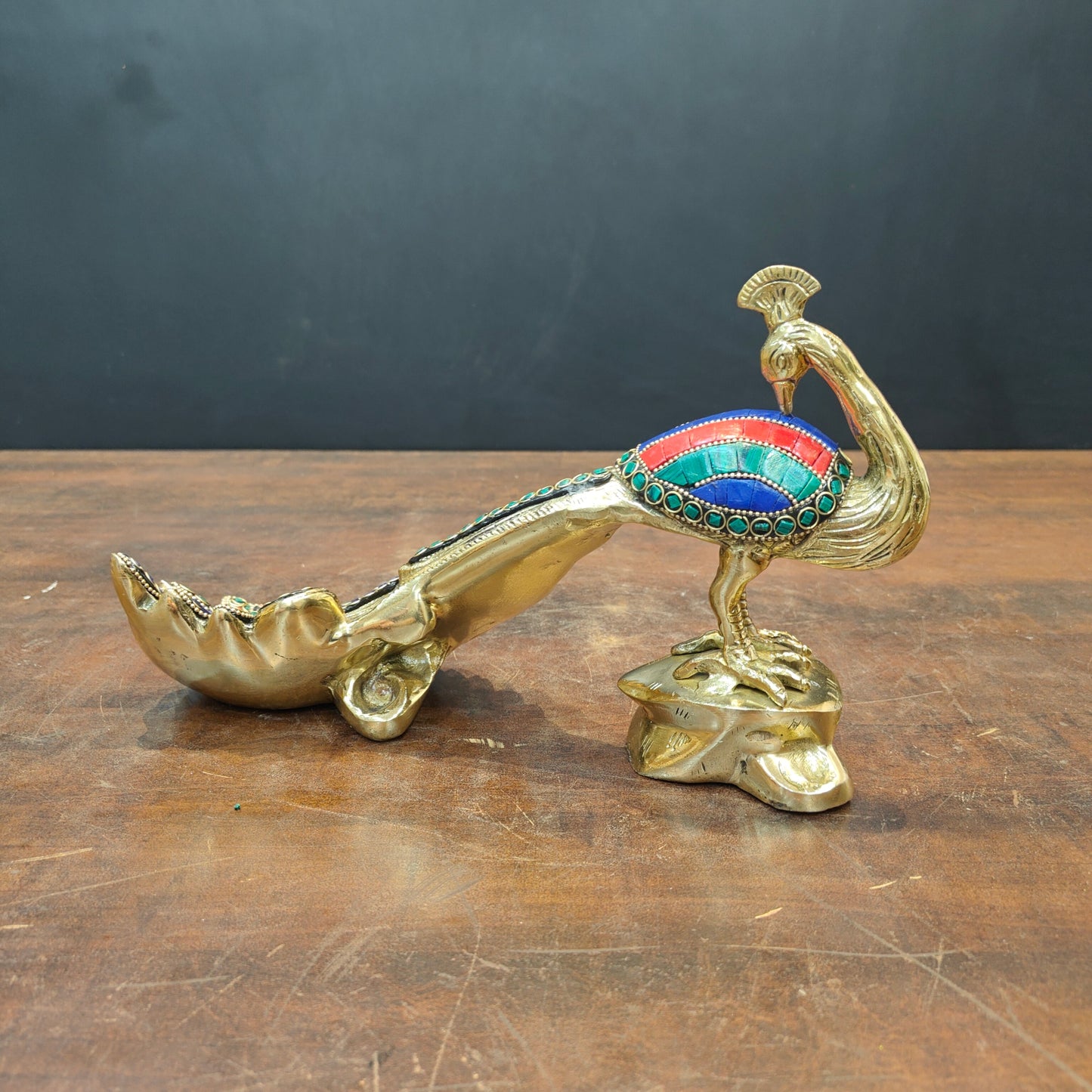 Brass Peacock With Stone Work Showpiece For Home Decor 11 Inch