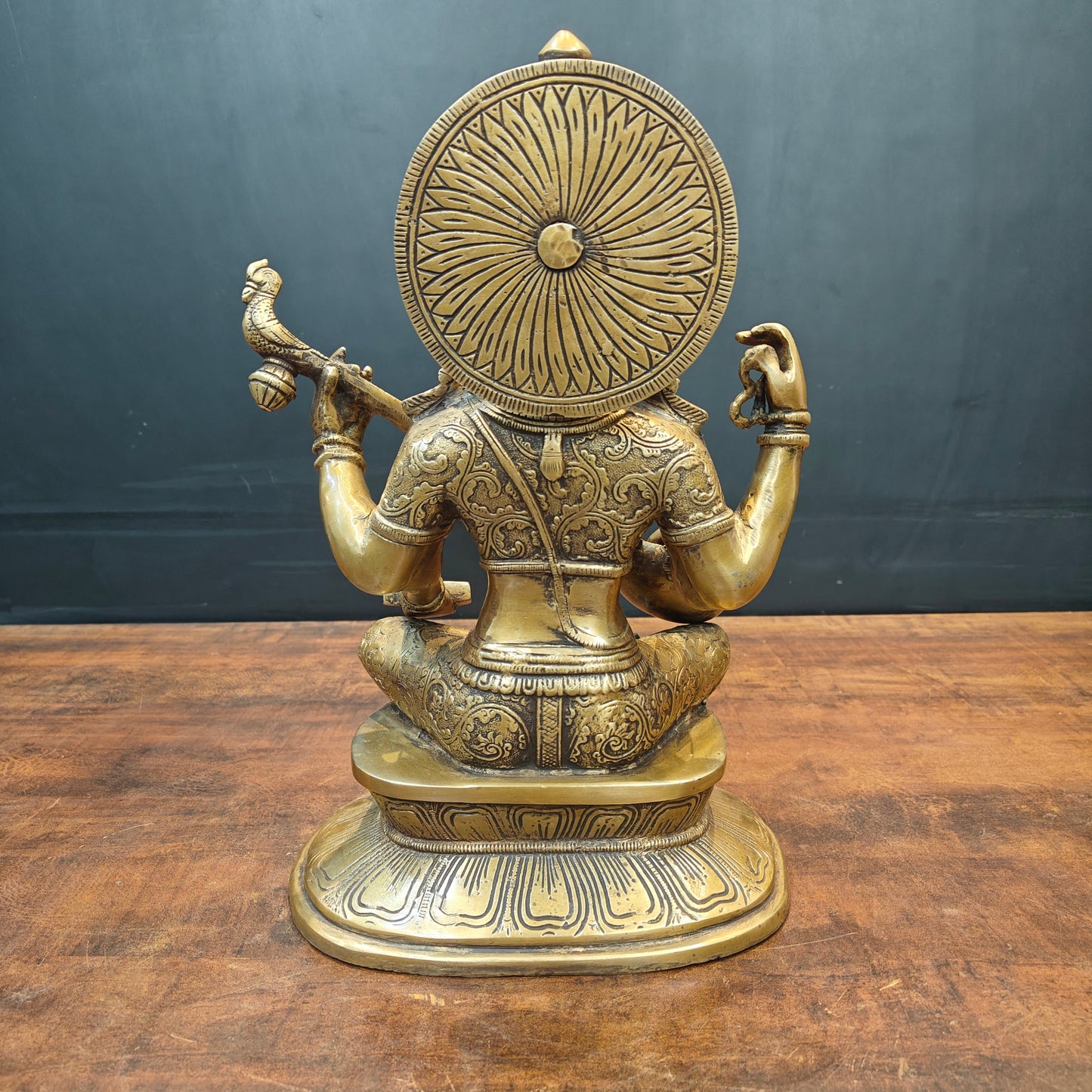 Brass Goddess Saraswati Idol Playing With Veena Antique Finish 15 Inch