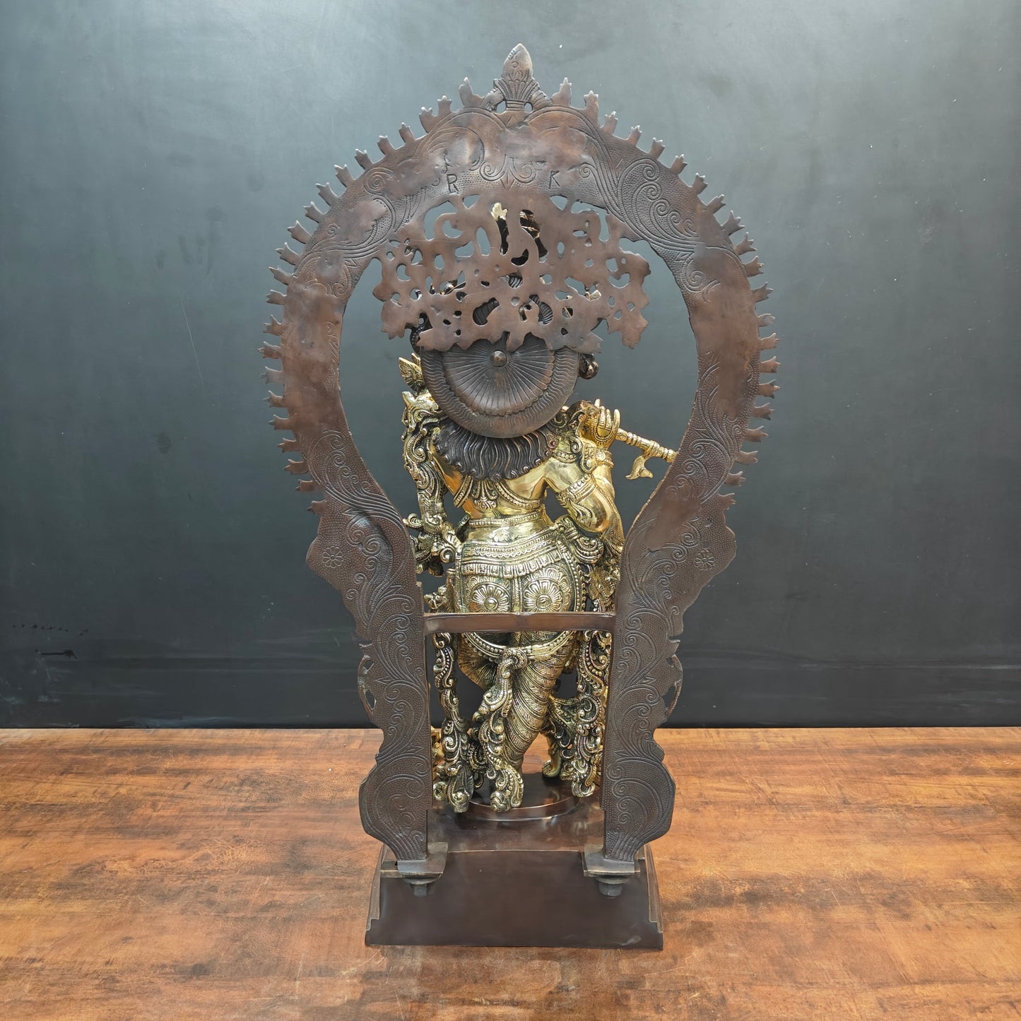 Brass Krishna Idol With Prabhavali Orange Patina Finish 32 Inch