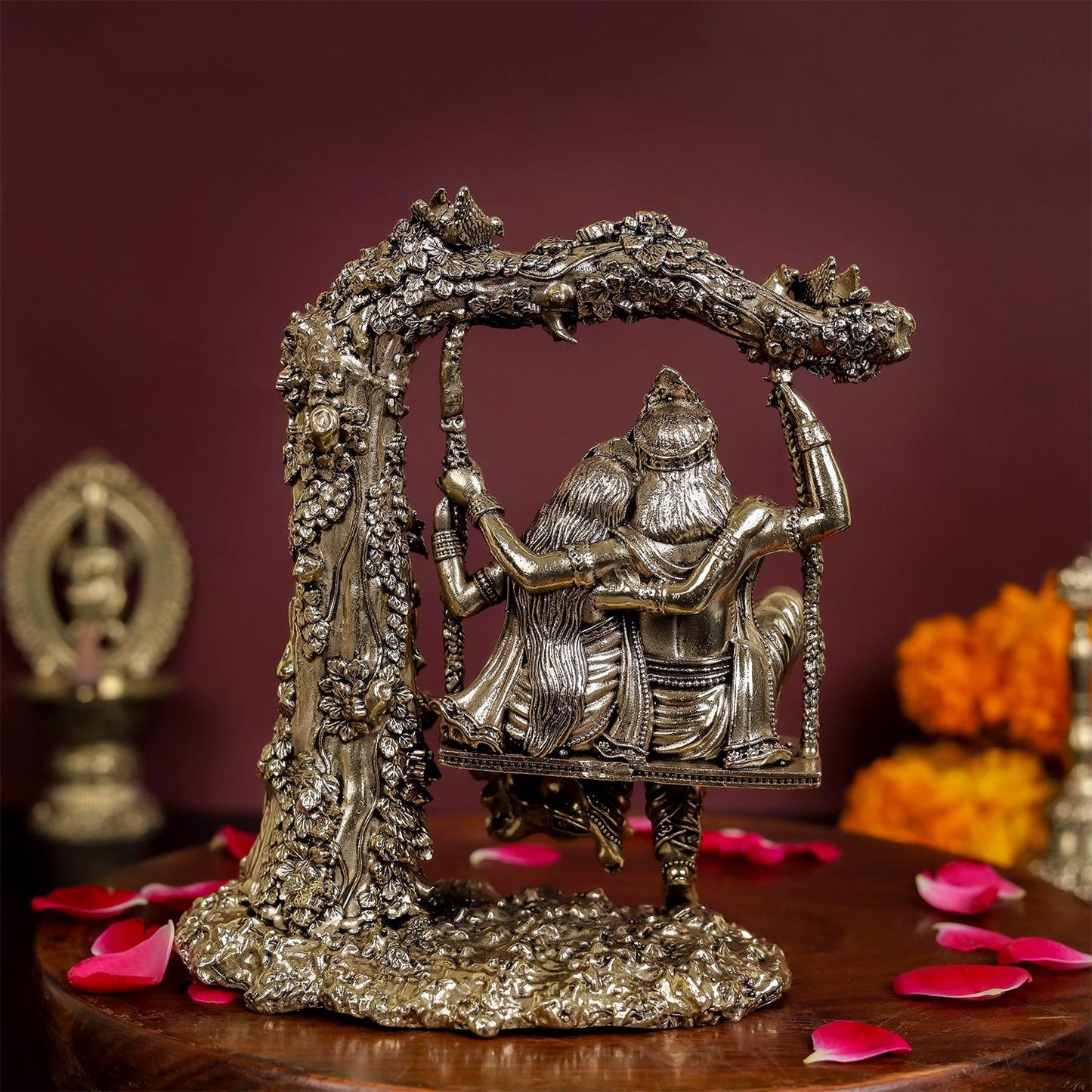 Brass Superfine Radha Krishna Idols On Swing For Home Decor 6 Inch