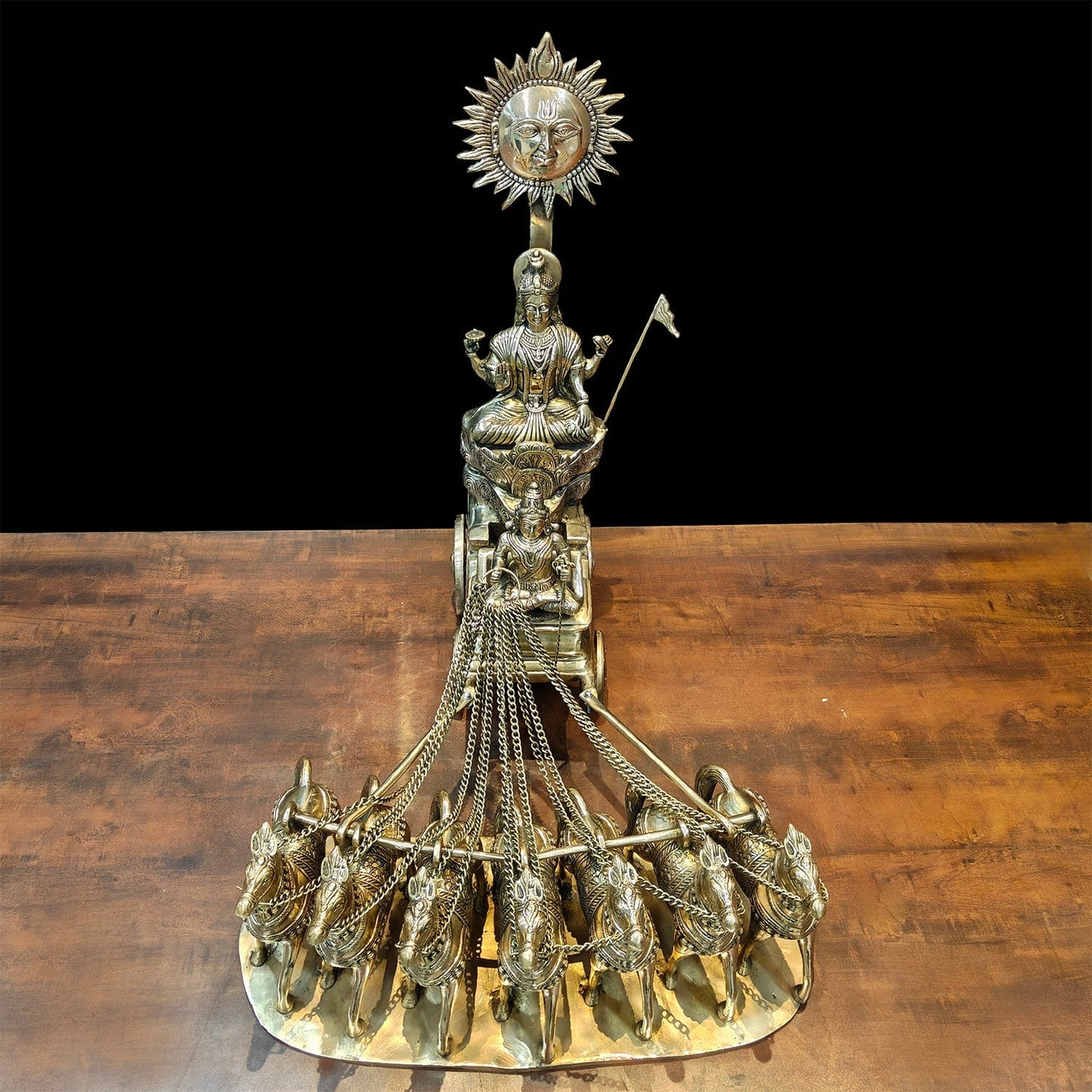 Brass Big Surya Rath With Seven Horses Golden Finish 27 Inches