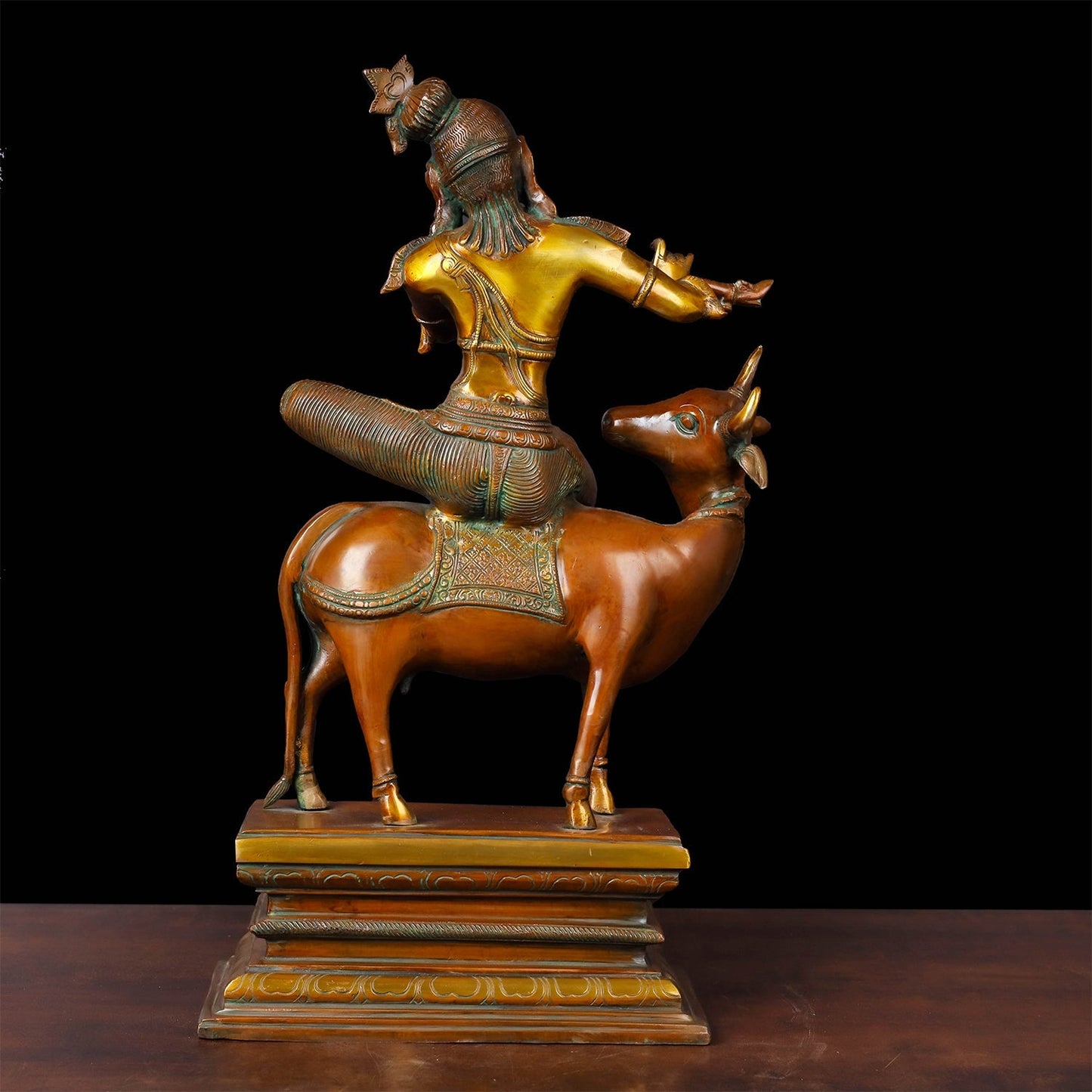 Brass Vintage Krishna Idol Seated On Cow Orange Patina Finish 21 Inch
