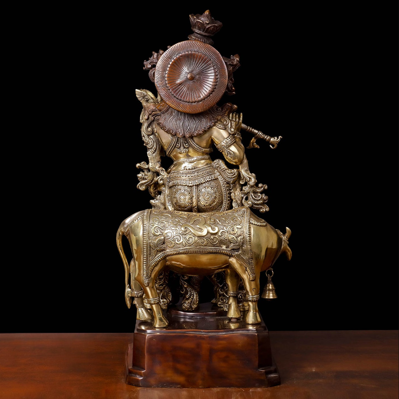 Brass Krishna Idol With Cow on Carved Pedestal Antique Finish 28 Inches