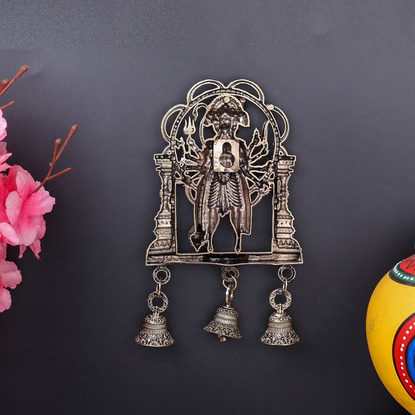 Brass Superfine Standing Panchamukhi Hanuman Wall Hanging with Bells 7 Inch