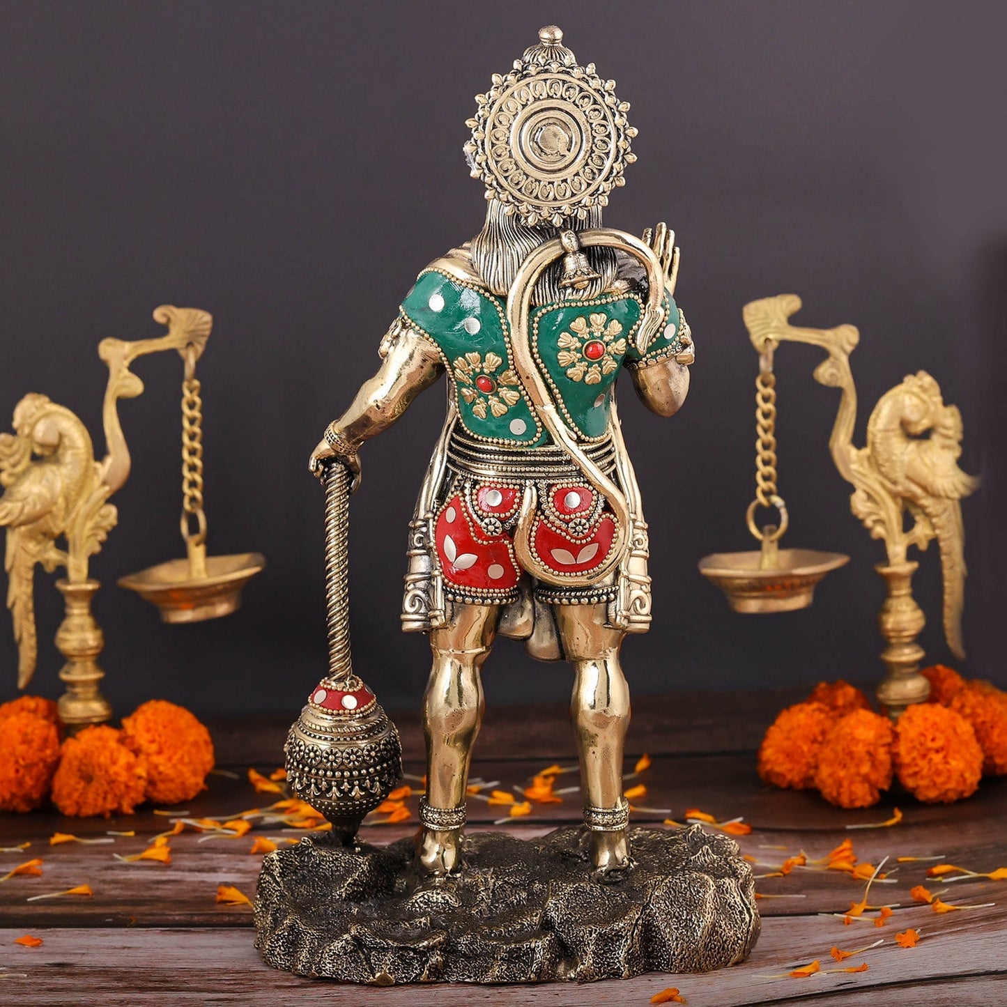 Brass Superfine Standing Hanuman Idol Stone Work 12 Inch