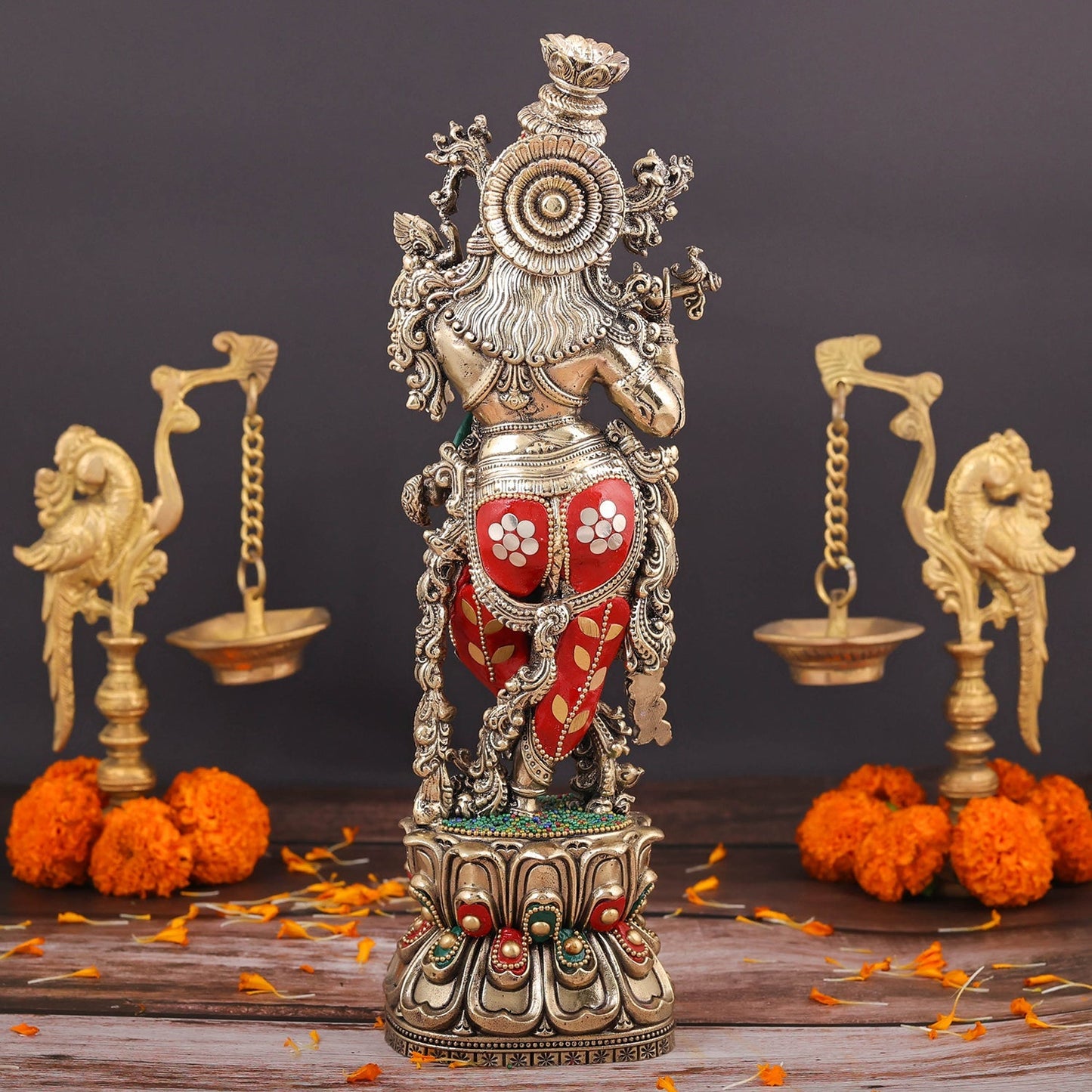 Brass Superfine Lord Krishna Idol Meenakari Stonework 12 Inch