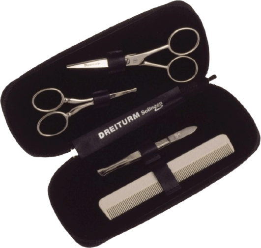 Dreiturm Leather Case with Scissor, Nasal Scissor, Tweezers, and Beard Comb