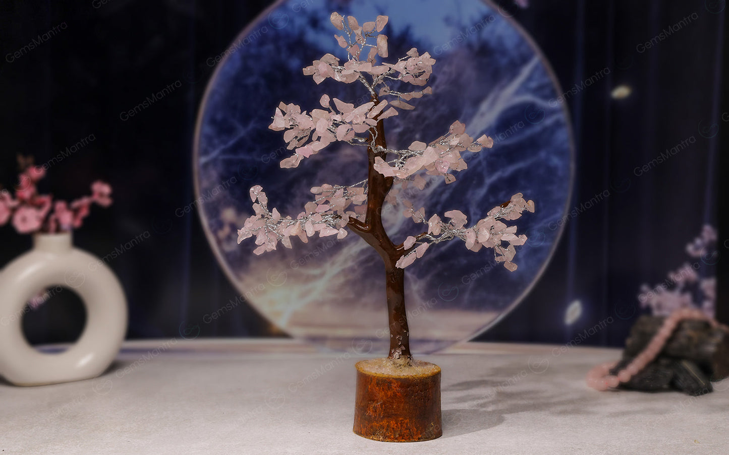 Wooden Rose Quartz Crystal Tree