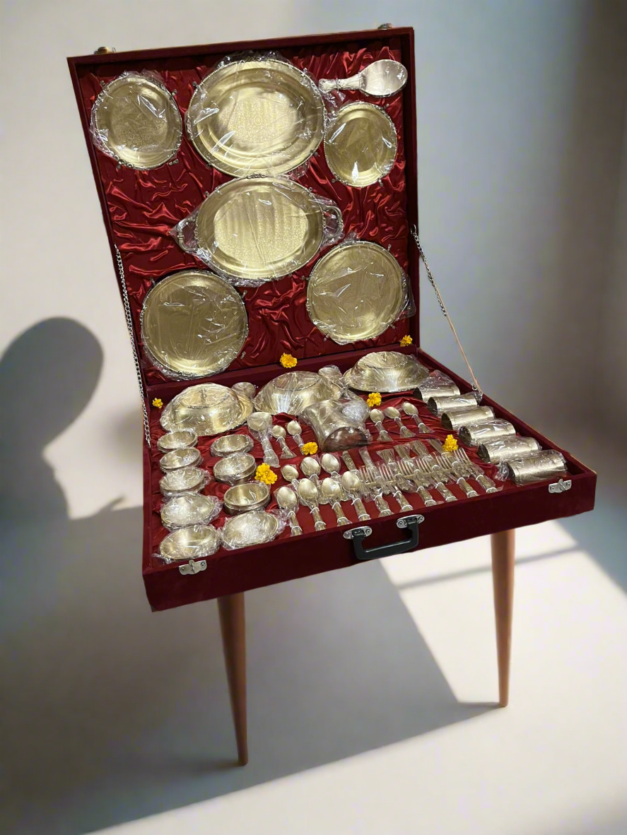 70-Piece Brass Dinner Set with Luxurious Velvet Box | Traditional Indian Tableware for Gifting Dining - Sama Homes