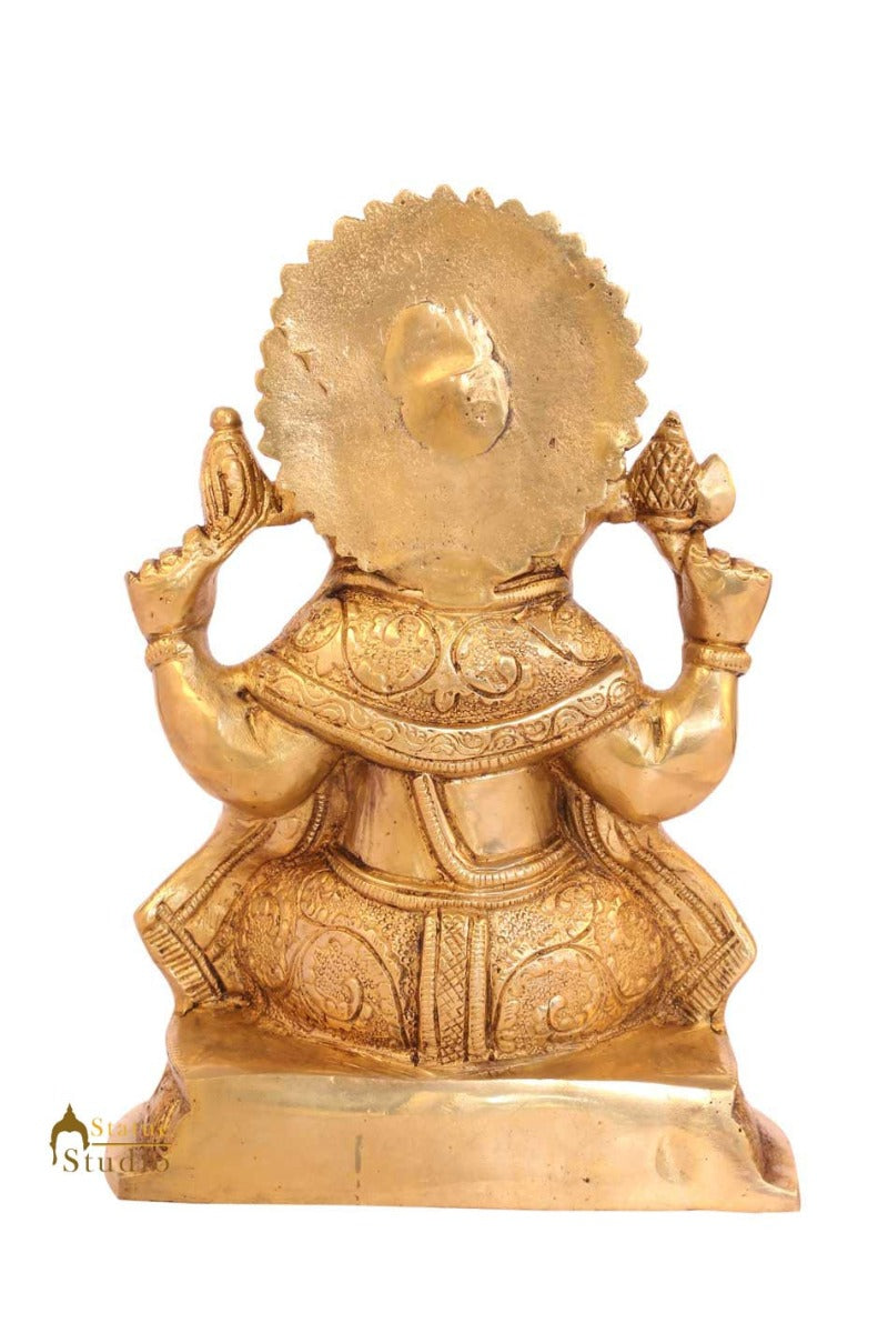 Brass indian ganesha sitting murti idol figure religious hindu gods statue 8"