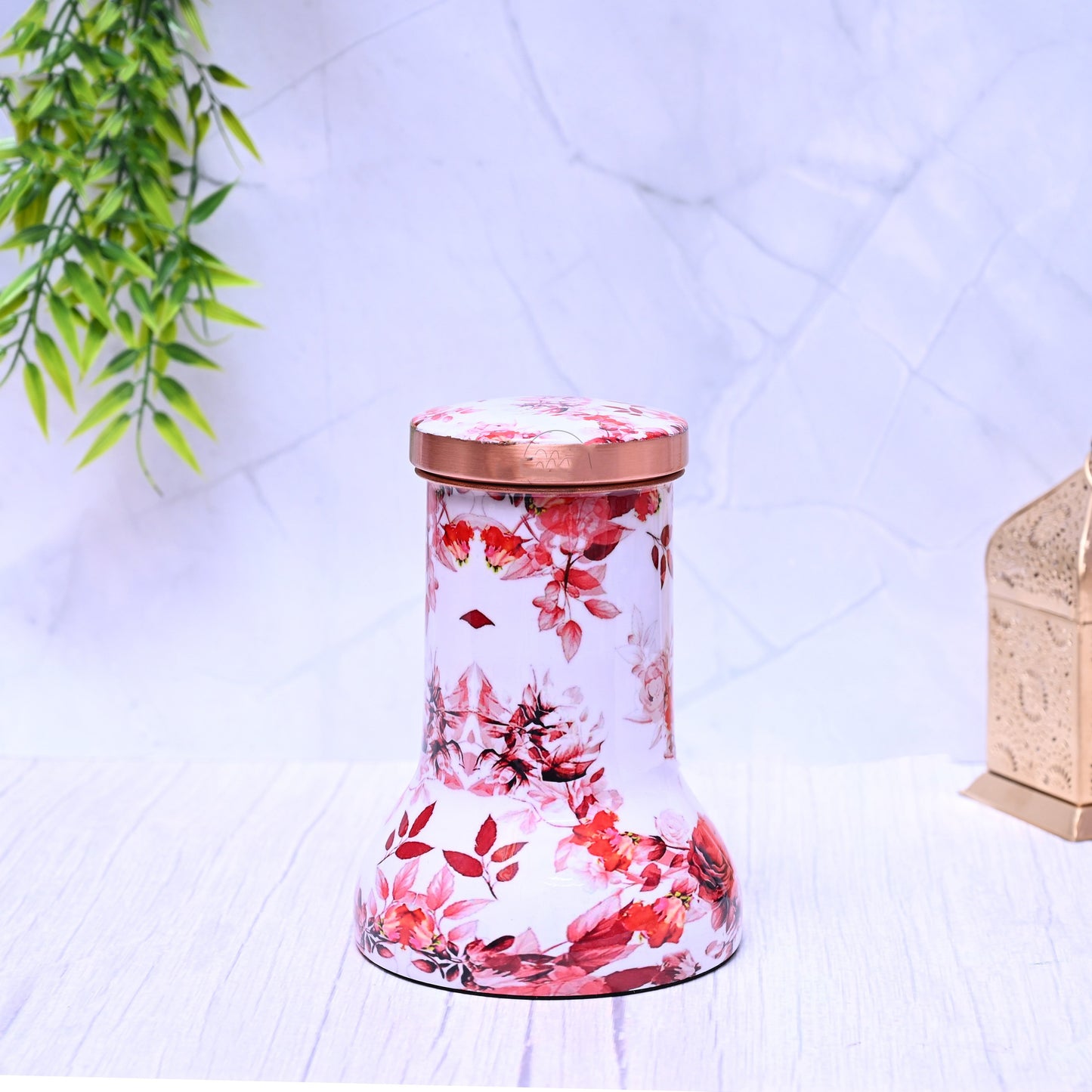 Pure Copper Bedside Red Floral Printed Lily Pot with In-Built Glass Capacity 1000ML. – Image 2