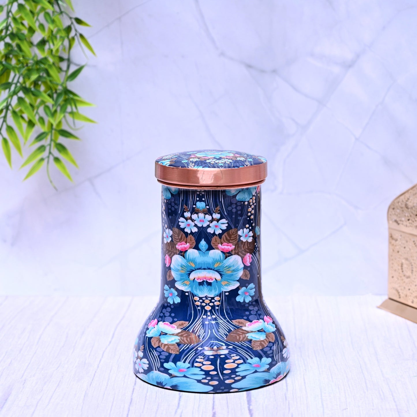 Pure Copper Bedside Blue Floral Printed Lily Pot with In-Built Glass Capacity 1000ML. – Image 2